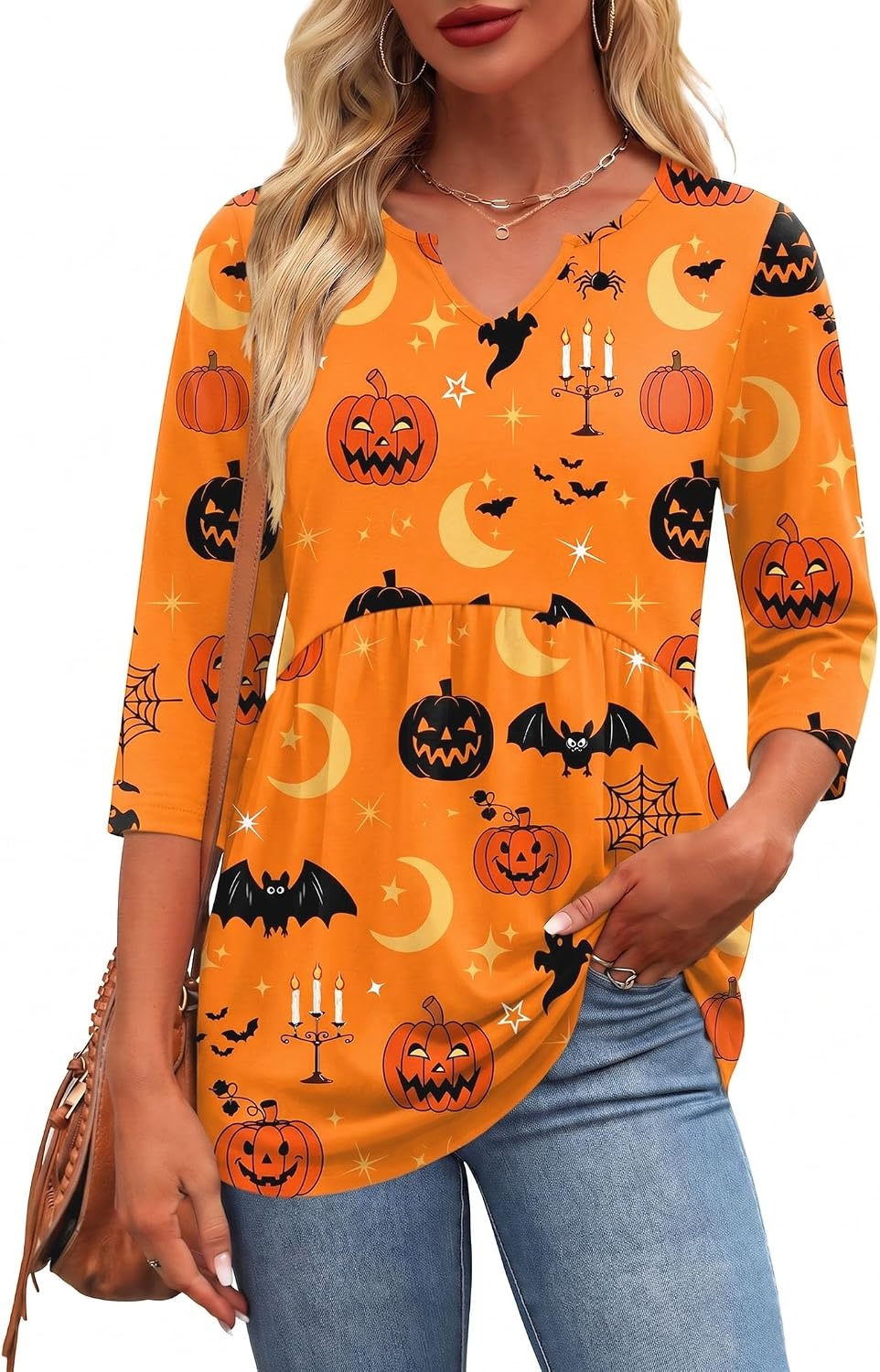 image:imageZeagoo 34 Length Sleeve Womens Tops 2026 Blouses for Women Dressy Casual Fashion Clothing V Neck TShirts Summer OutfitsHalloween Print