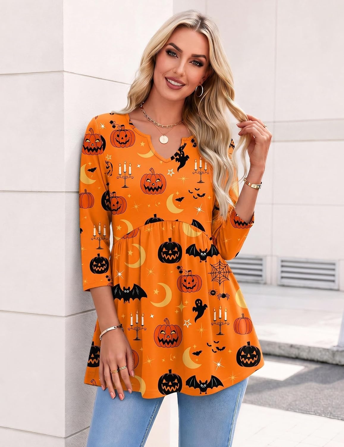 image:imageZeagoo 34 Length Sleeve Womens Tops 2026 Blouses for Women Dressy Casual Fashion Clothing V Neck TShirts Summer OutfitsHalloween Print