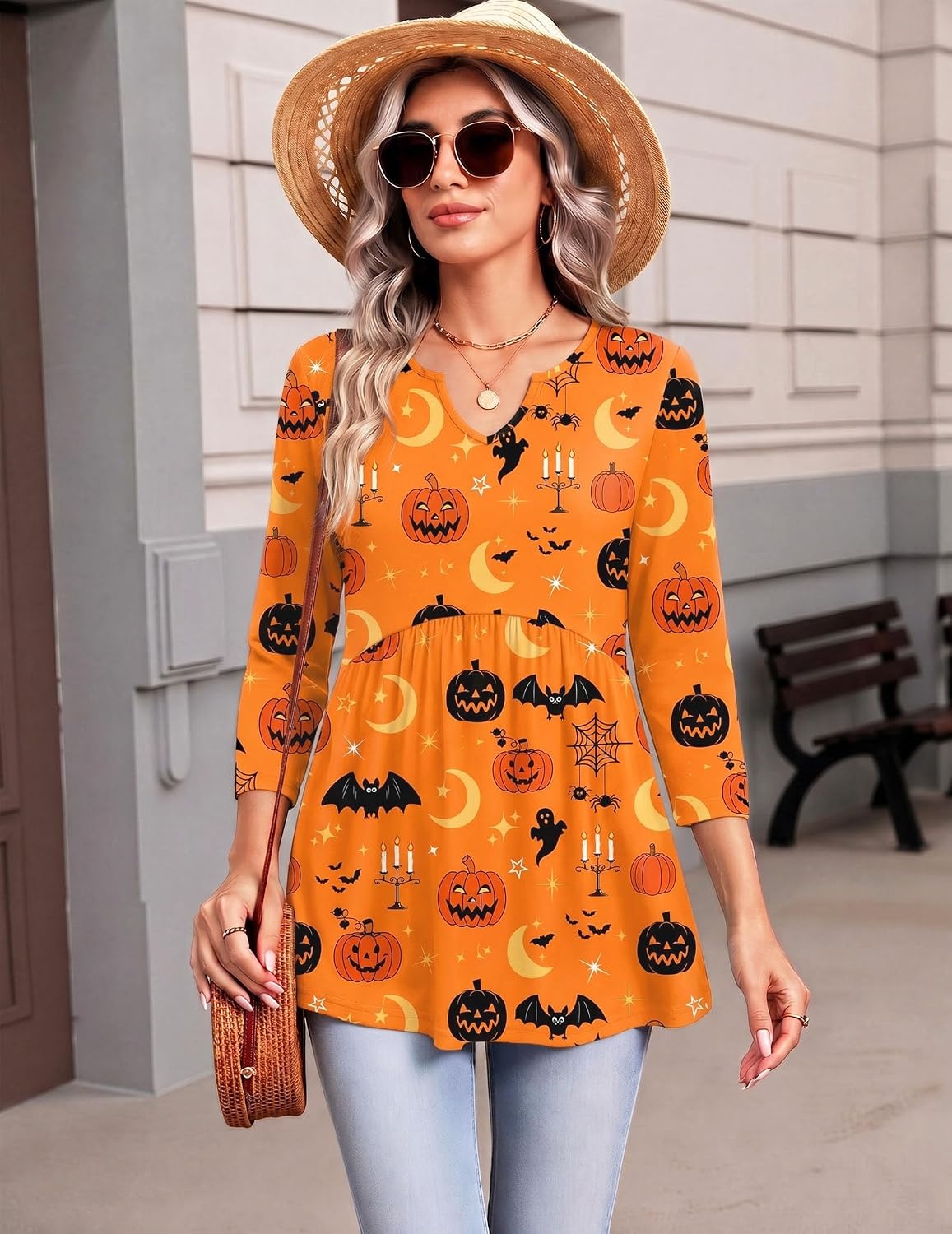 image:imageZeagoo 34 Length Sleeve Womens Tops 2026 Blouses for Women Dressy Casual Fashion Clothing V Neck TShirts Summer OutfitsHalloween Print