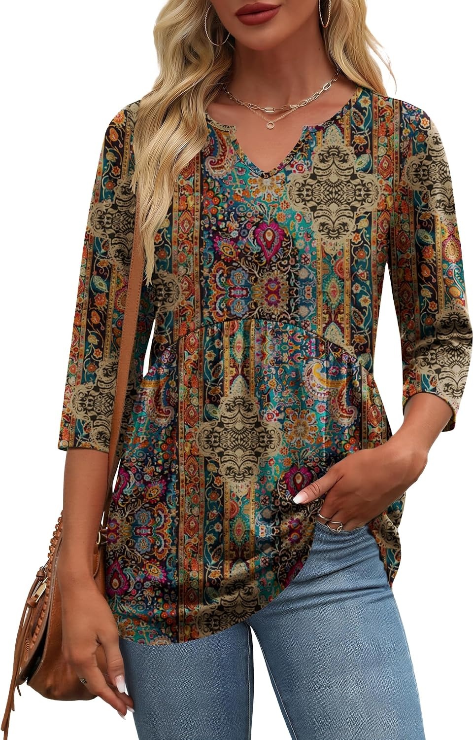 image:imageZeagoo 34 Length Sleeve Womens Tops 2026 Blouses for Women Dressy Casual Fashion Clothing V Neck TShirts Summer OutfitsMz721