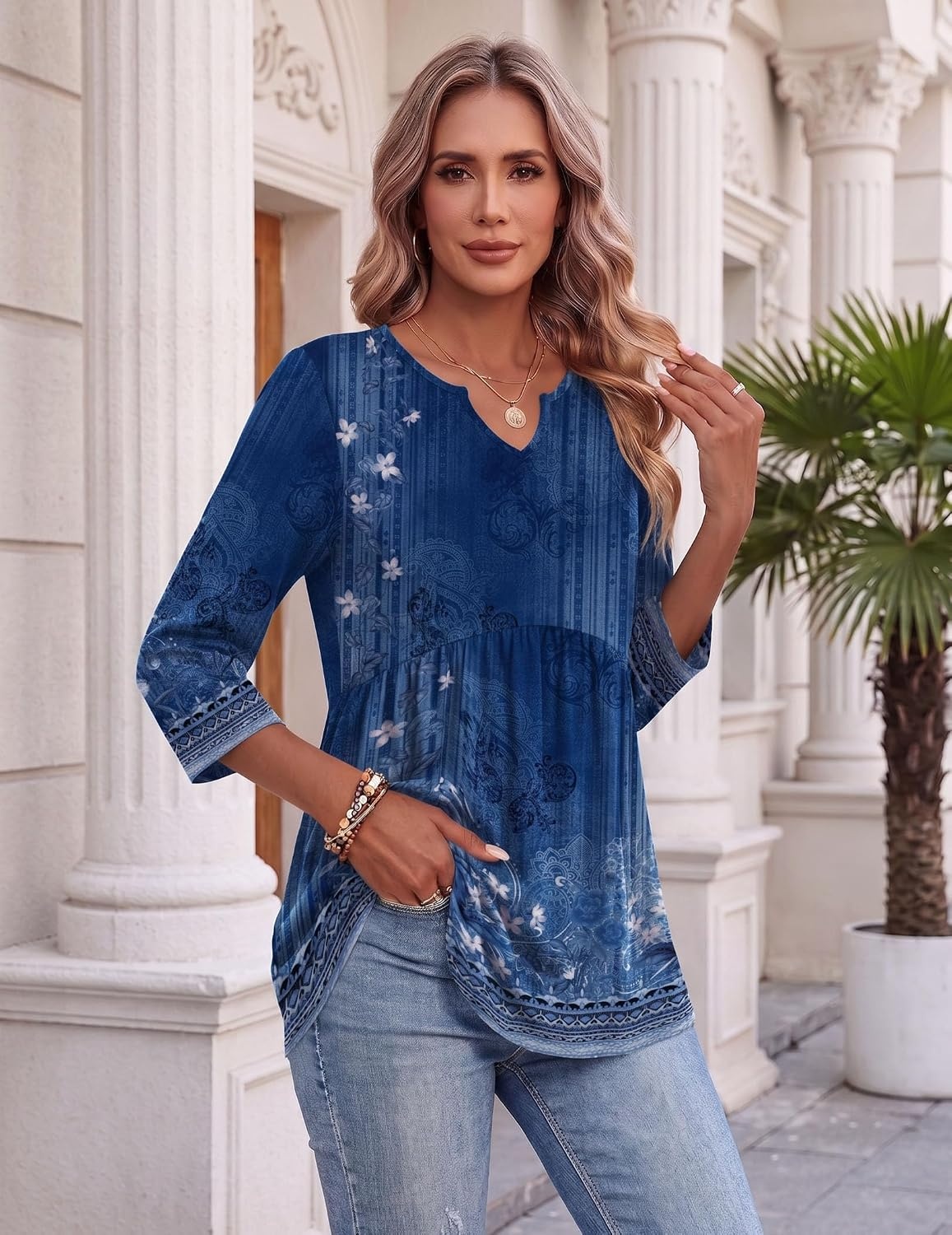 image:imageZeagoo 34 Length Sleeve Womens Tops 2026 Blouses for Women Dressy Casual Fashion Clothing V Neck TShirts Summer OutfitsMz845
