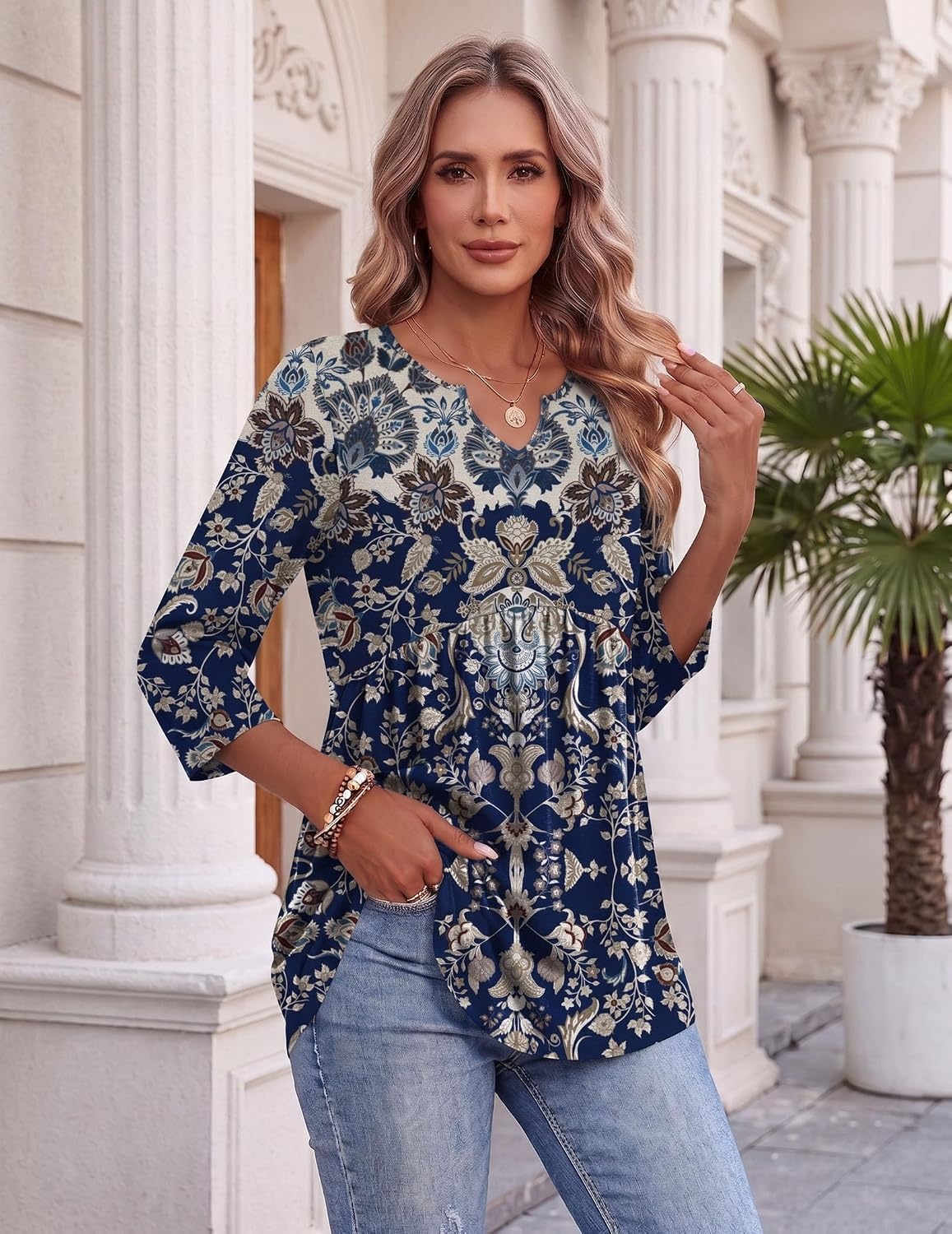 image:imageZeagoo 34 Length Sleeve Womens Tops 2026 Blouses for Women Dressy Casual Fashion Clothing V Neck TShirts Summer OutfitsMz873