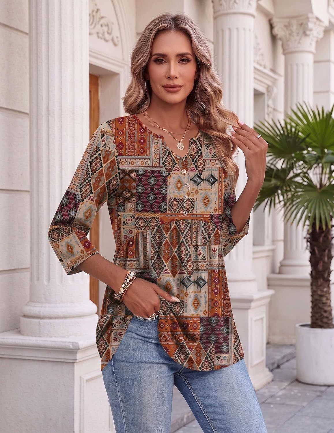 image:imageZeagoo 34 Length Sleeve Womens Tops 2026 Blouses for Women Dressy Casual Fashion Clothing V Neck TShirts Summer OutfitsMz952