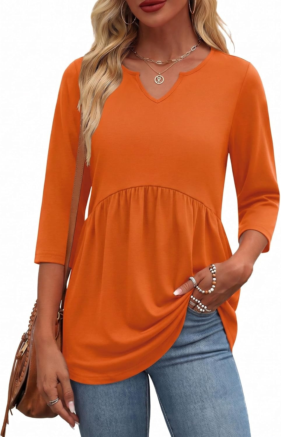 image:imageZeagoo 34 Length Sleeve Womens Tops 2026 Blouses for Women Dressy Casual Fashion Clothing V Neck TShirts Summer OutfitsOrange