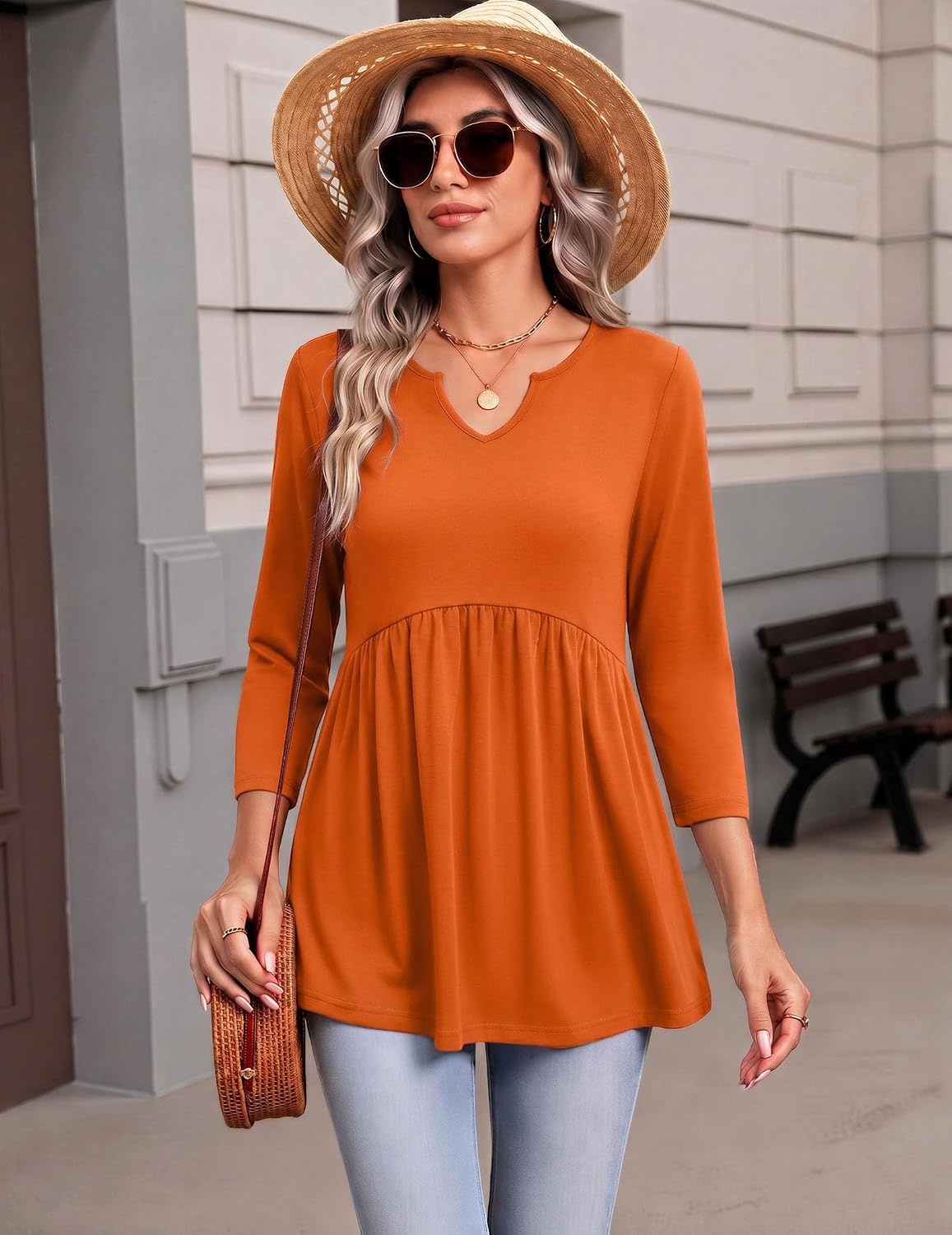 image:imageZeagoo 34 Length Sleeve Womens Tops 2026 Blouses for Women Dressy Casual Fashion Clothing V Neck TShirts Summer OutfitsOrange