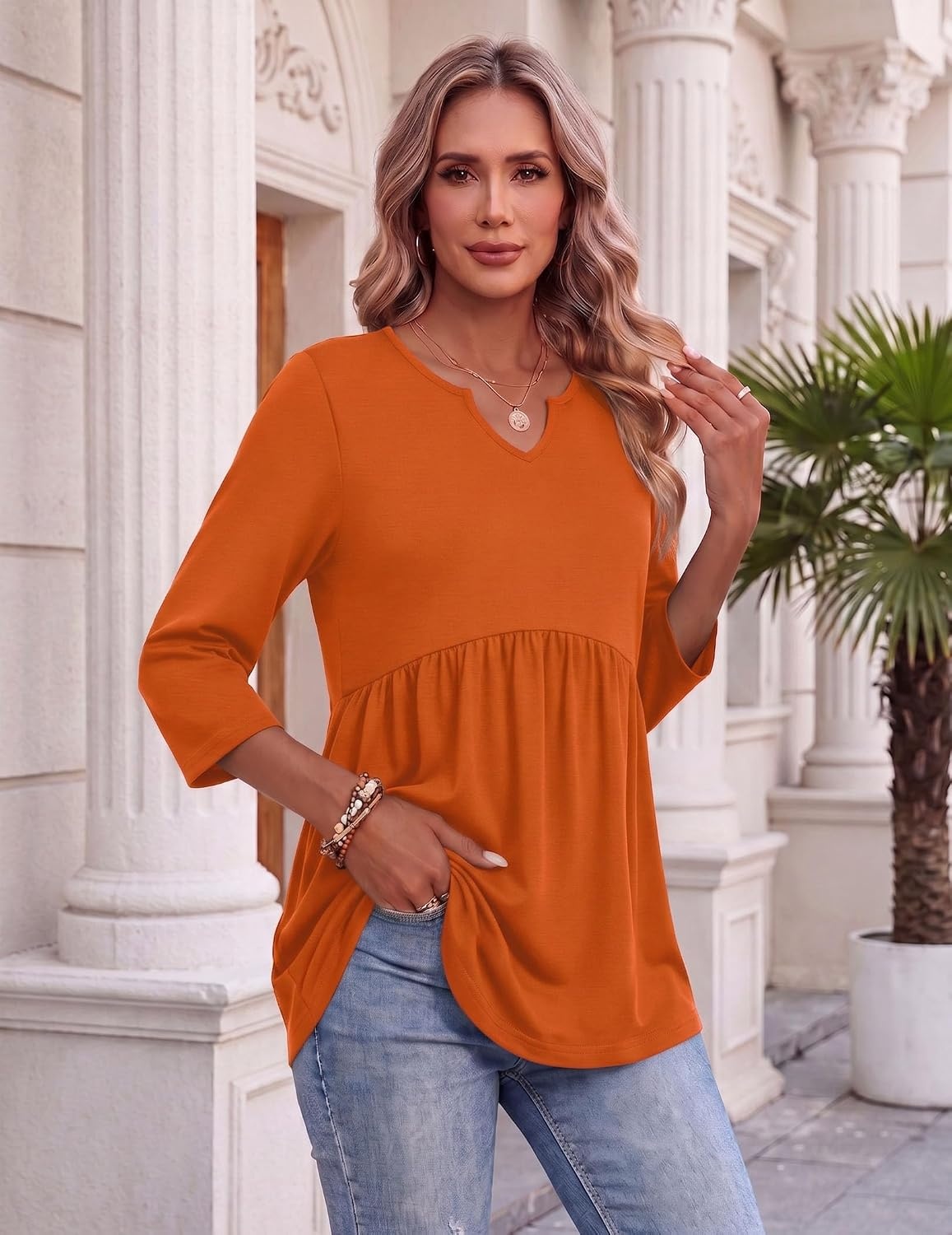 image:imageZeagoo 34 Length Sleeve Womens Tops 2026 Blouses for Women Dressy Casual Fashion Clothing V Neck TShirts Summer OutfitsOrange