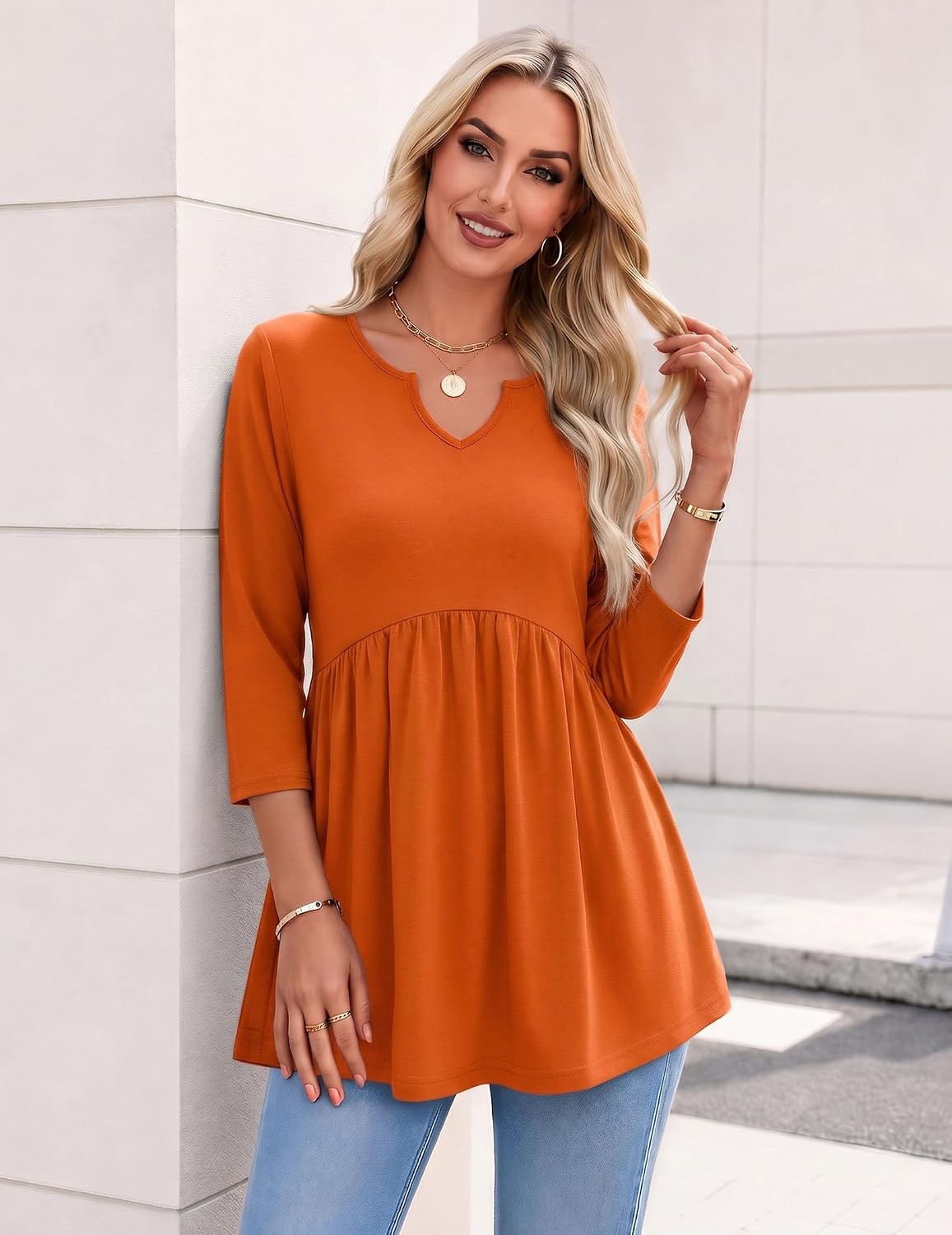 image:imageZeagoo 34 Length Sleeve Womens Tops 2026 Blouses for Women Dressy Casual Fashion Clothing V Neck TShirts Summer OutfitsOrange