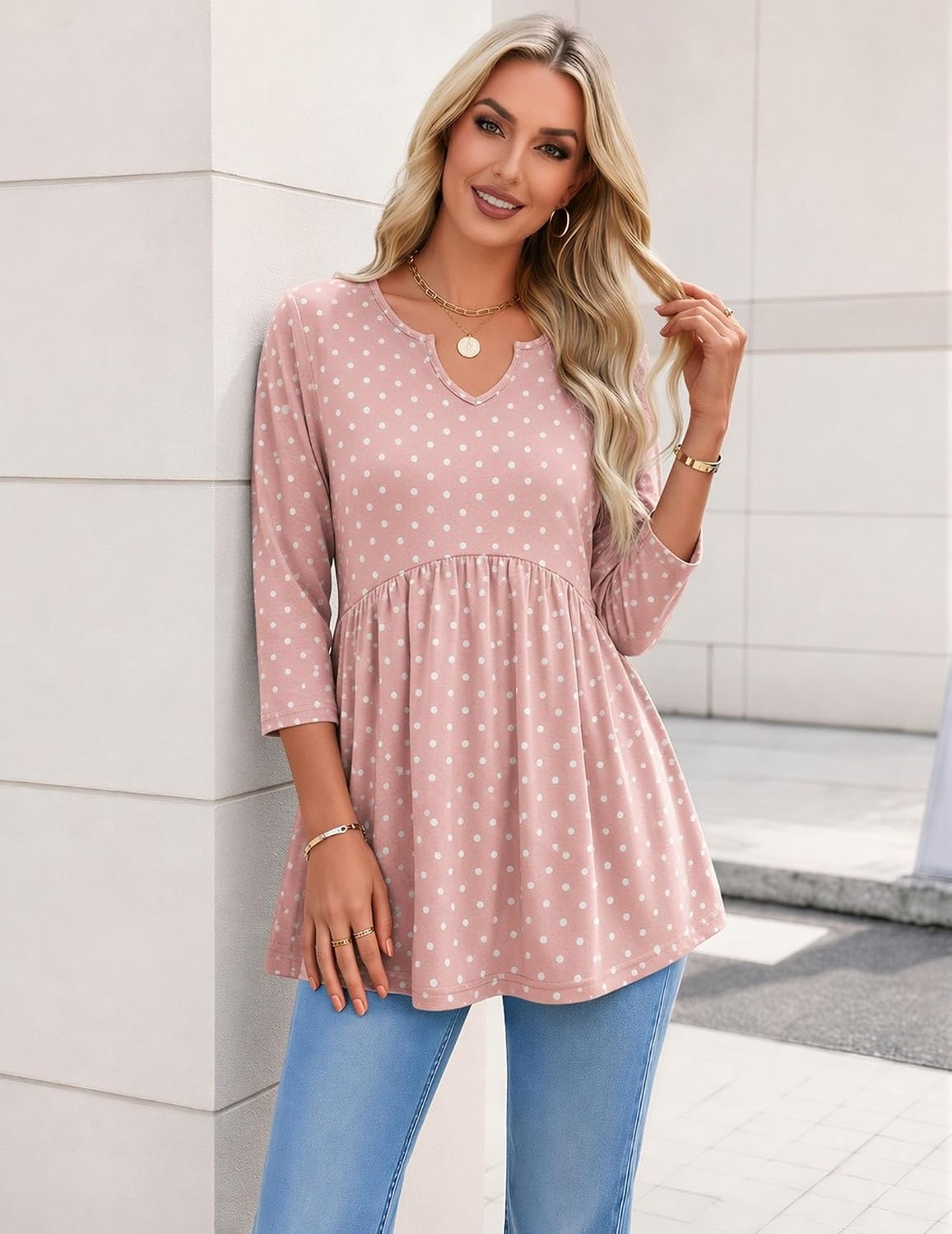 image:imageZeagoo 34 Length Sleeve Womens Tops 2026 Blouses for Women Dressy Casual Fashion Clothing V Neck TShirts Summer OutfitsPink
