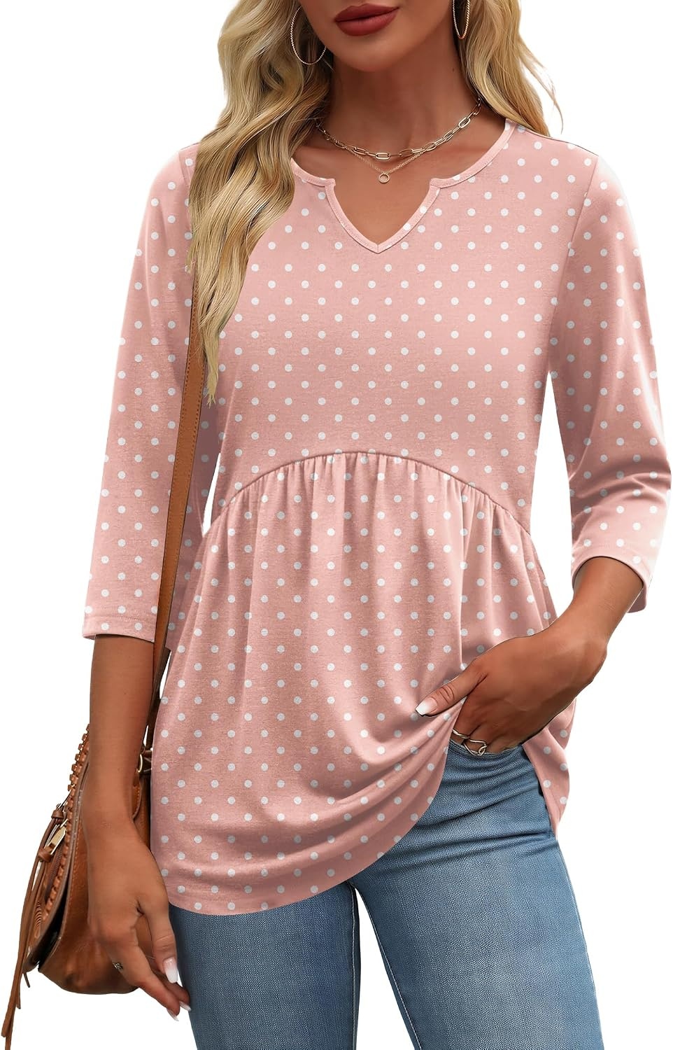 image:imageZeagoo 34 Length Sleeve Womens Tops 2026 Blouses for Women Dressy Casual Fashion Clothing V Neck TShirts Summer OutfitsPink