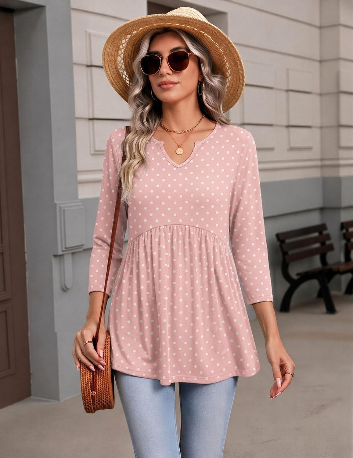 image:imageZeagoo 34 Length Sleeve Womens Tops 2026 Blouses for Women Dressy Casual Fashion Clothing V Neck TShirts Summer OutfitsPink