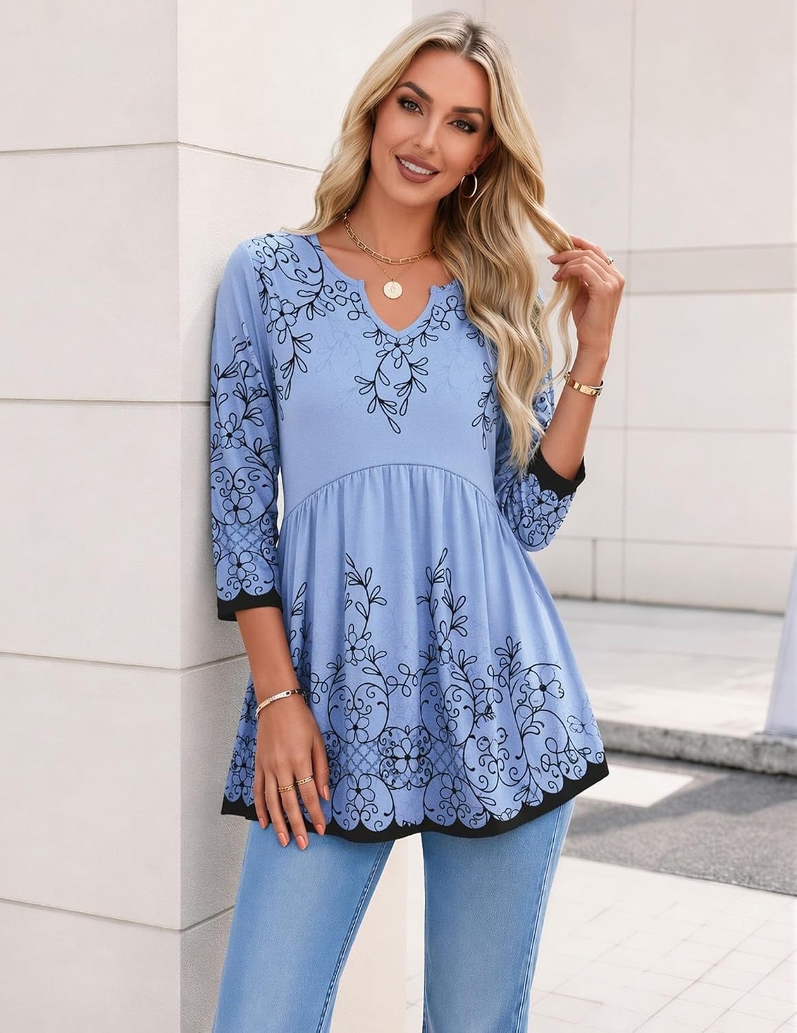 image:imageZeagoo 34 Length Sleeve Womens Tops 2026 Blouses for Women Dressy Casual Fashion Clothing V Neck TShirts Summer OutfitsSf166
