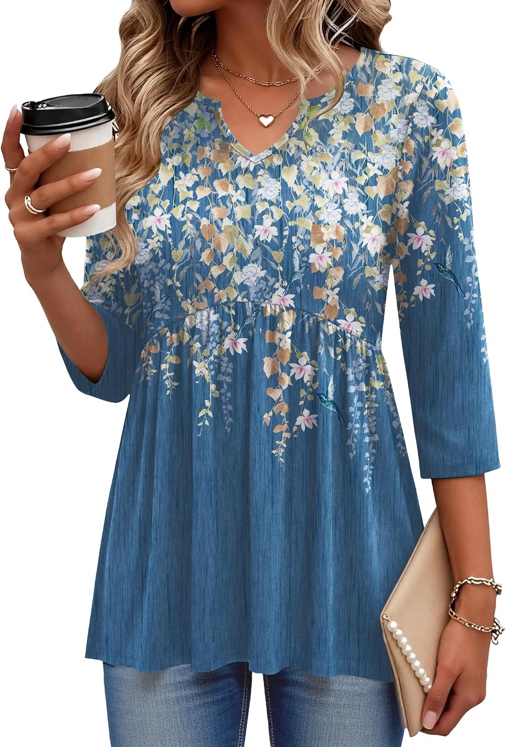 image:imageZeagoo 34 Length Sleeve Womens Tops 2026 Blouses for Women Dressy Casual Fashion Clothing V Neck TShirts Summer OutfitsSf233