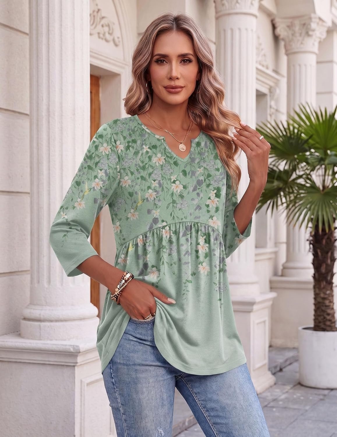 image:imageZeagoo 34 Length Sleeve Womens Tops 2026 Blouses for Women Dressy Casual Fashion Clothing V Neck TShirts Summer OutfitsSf244