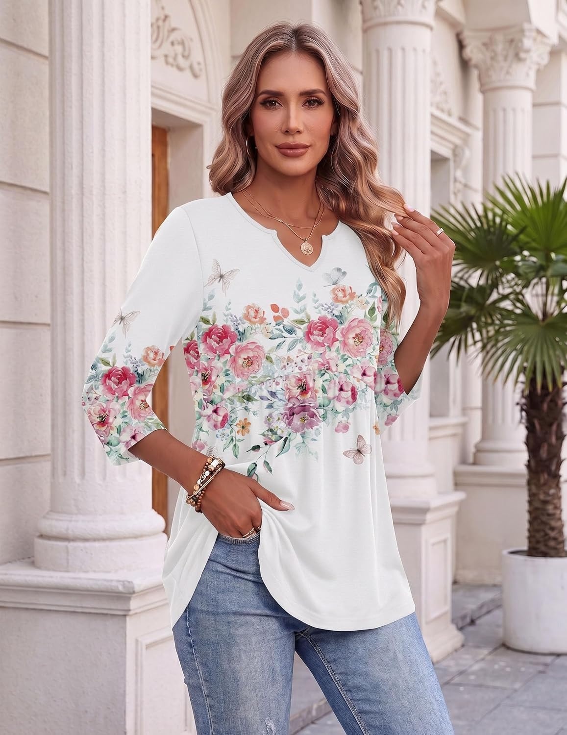 image:imageZeagoo 34 Length Sleeve Womens Tops 2026 Blouses for Women Dressy Casual Fashion Clothing V Neck TShirts Summer OutfitsWf67