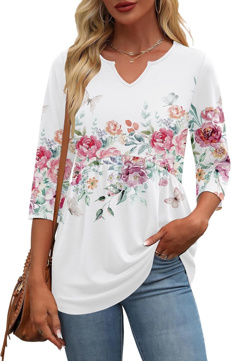 image:imageZeagoo 34 Length Sleeve Womens Tops 2026 Blouses for Women Dressy Casual Fashion Clothing V Neck TShirts Summer OutfitsWf67