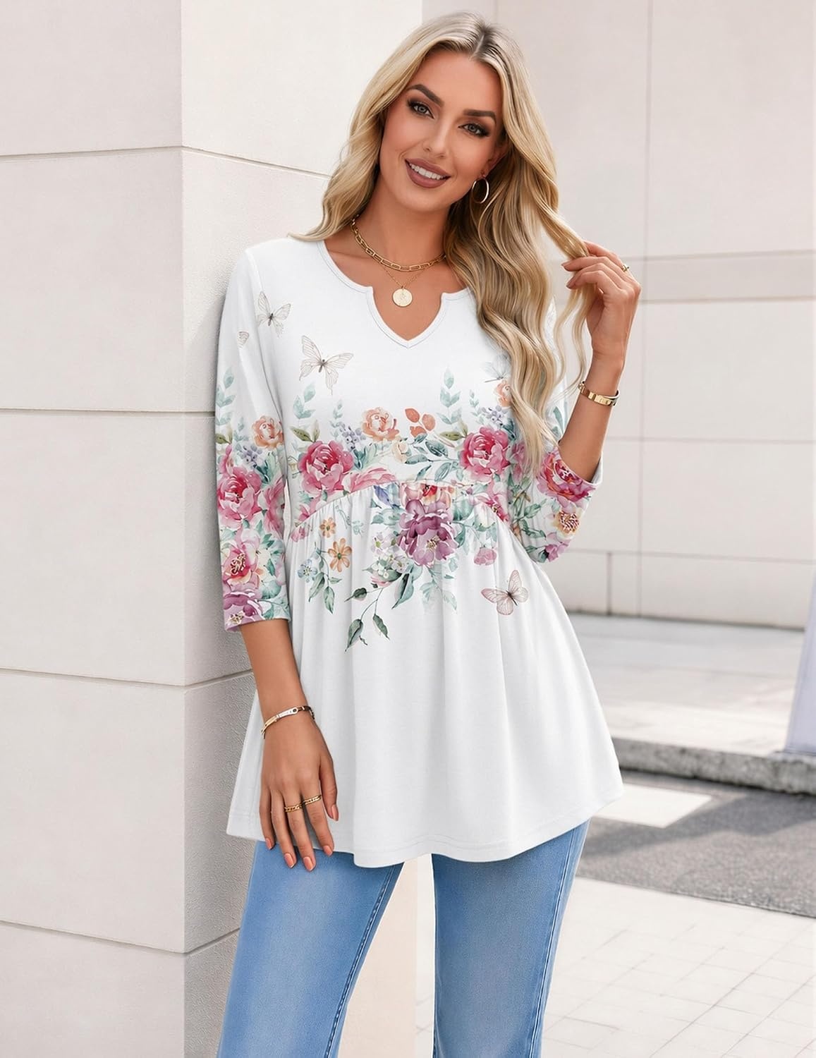 image:imageZeagoo 34 Length Sleeve Womens Tops 2026 Blouses for Women Dressy Casual Fashion Clothing V Neck TShirts Summer OutfitsWf67