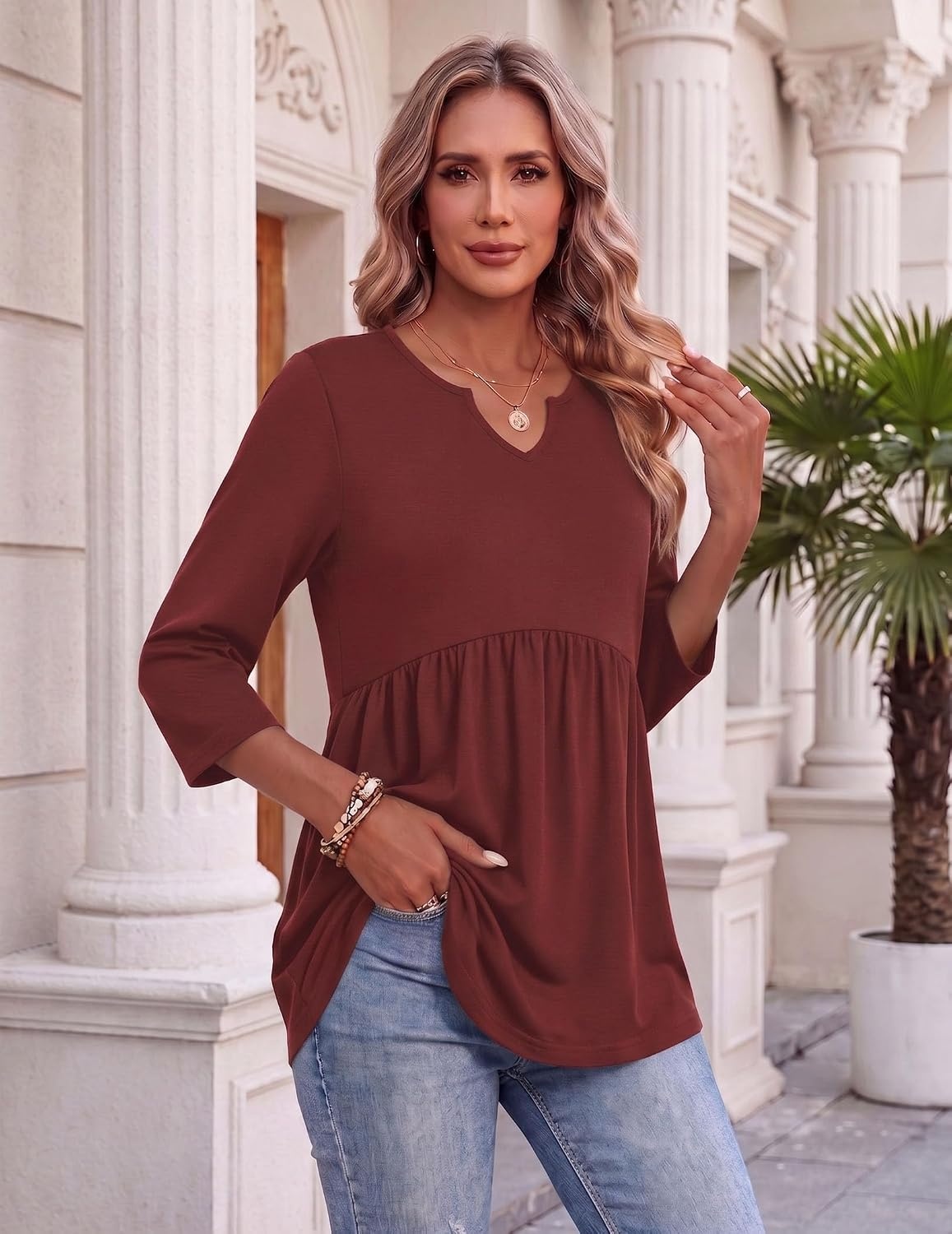 image:imageZeagoo 34 Length Sleeve Womens Tops 2026 Blouses for Women Dressy Casual Fashion Clothing V Neck TShirts Summer OutfitsWine Red