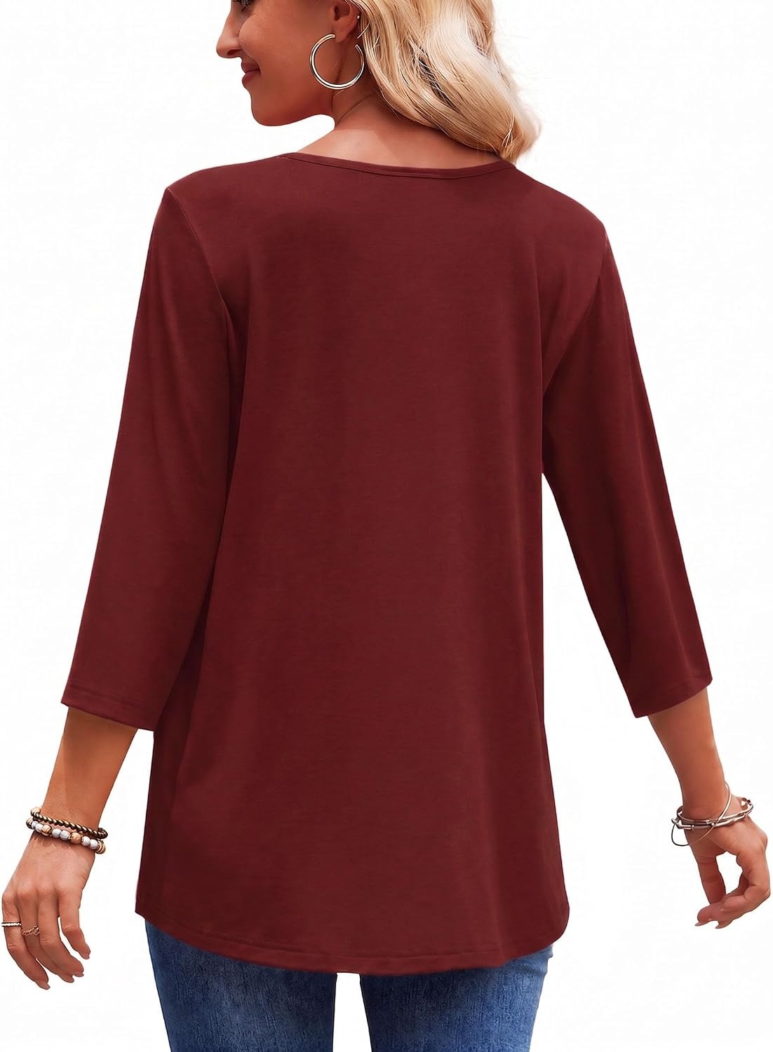 image:imageZeagoo 34 Length Sleeve Womens Tops 2026 Blouses for Women Dressy Casual Fashion Clothing V Neck TShirts Summer OutfitsWine Red