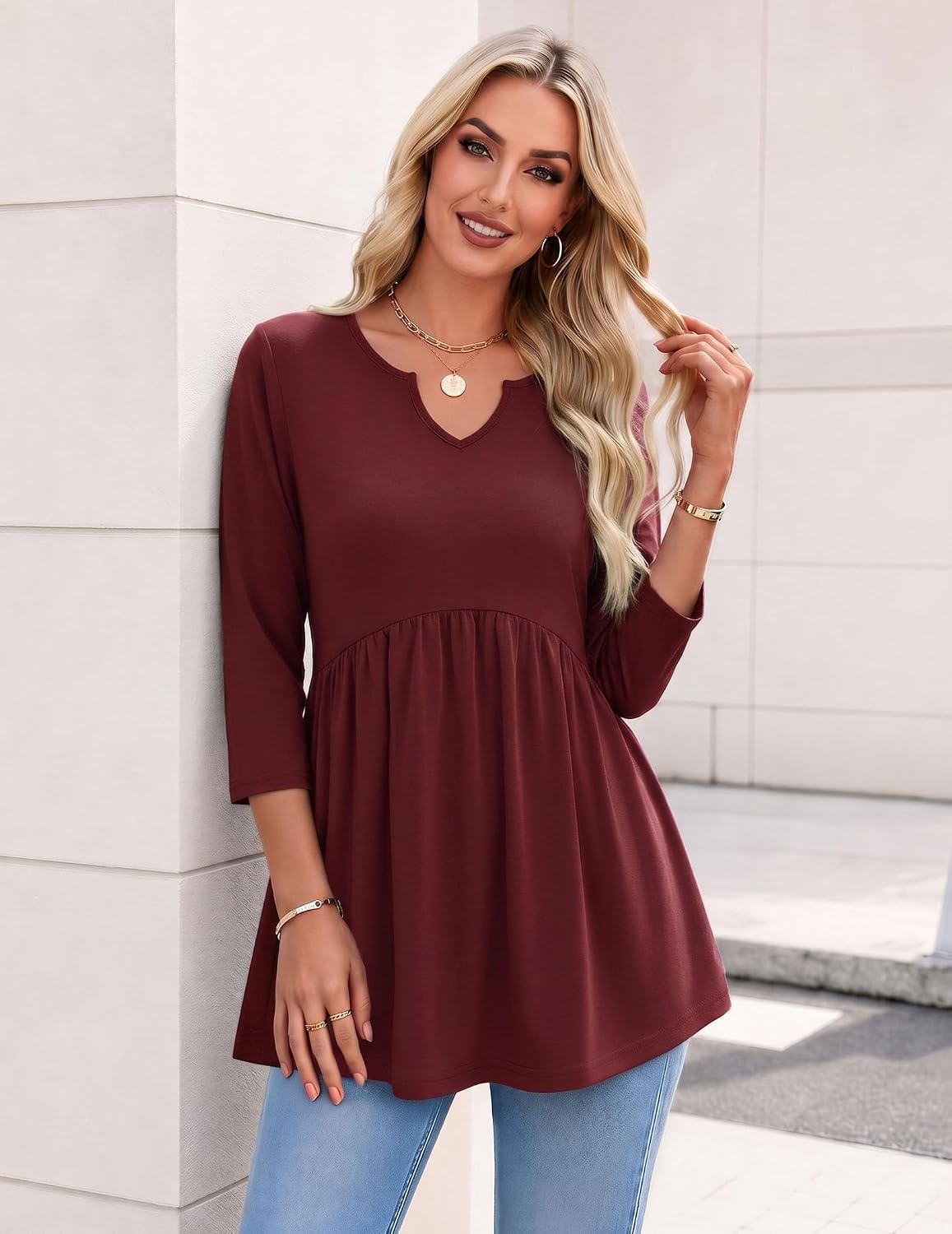 image:imageZeagoo 34 Length Sleeve Womens Tops 2026 Blouses for Women Dressy Casual Fashion Clothing V Neck TShirts Summer OutfitsWine Red