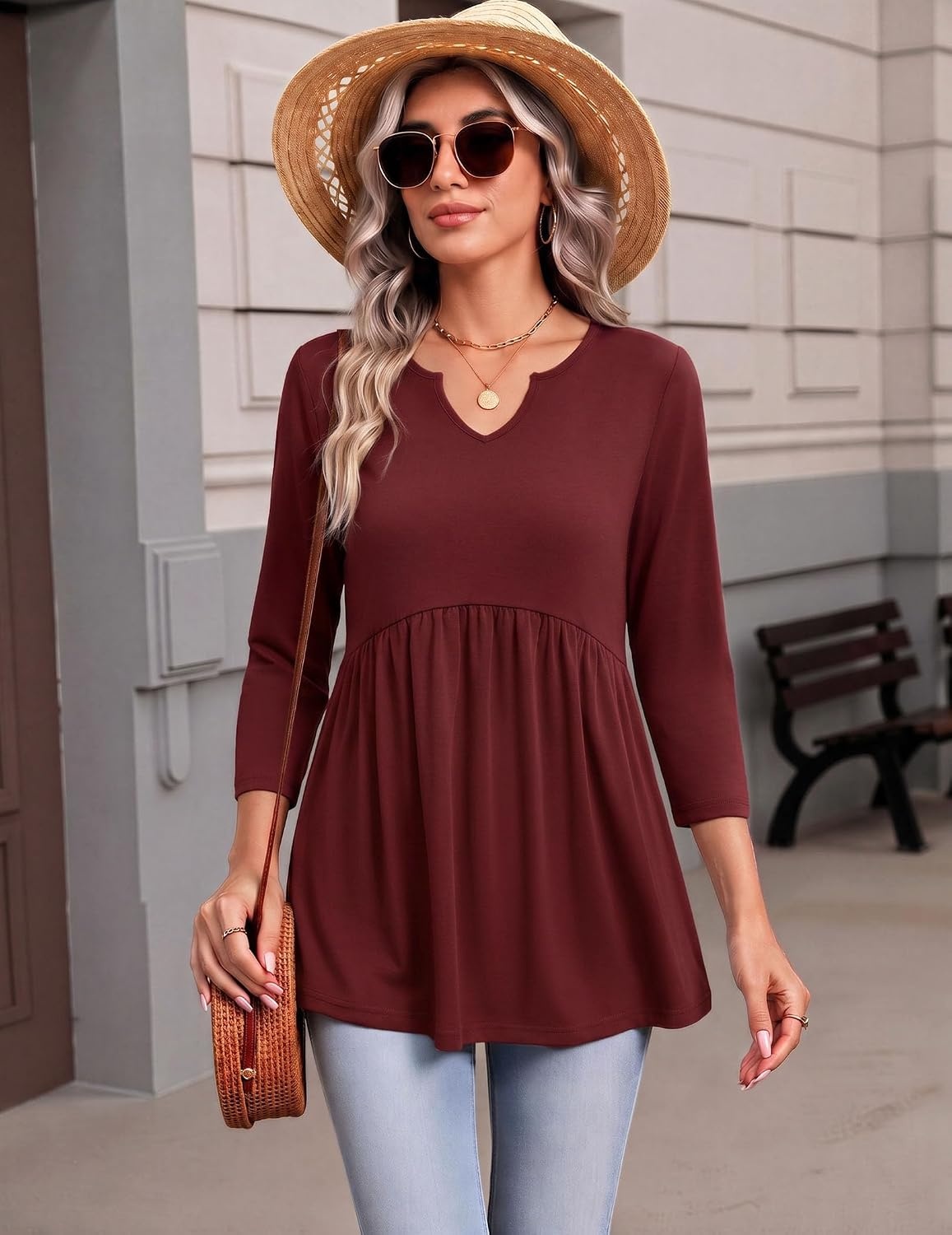 image:imageZeagoo 34 Length Sleeve Womens Tops 2026 Blouses for Women Dressy Casual Fashion Clothing V Neck TShirts Summer OutfitsWine Red