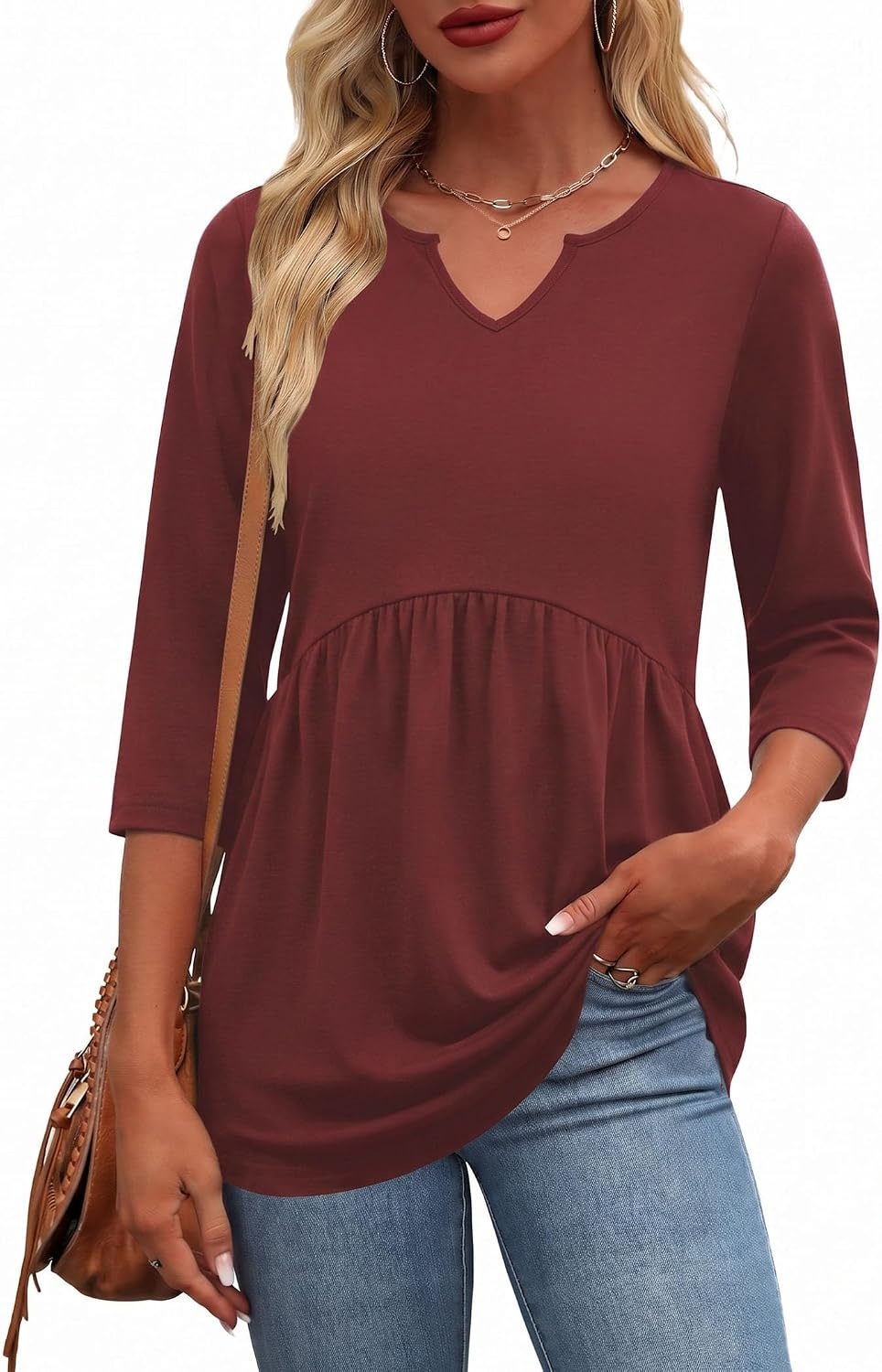 image:imageZeagoo 34 Length Sleeve Womens Tops 2026 Blouses for Women Dressy Casual Fashion Clothing V Neck TShirts Summer OutfitsWine Red