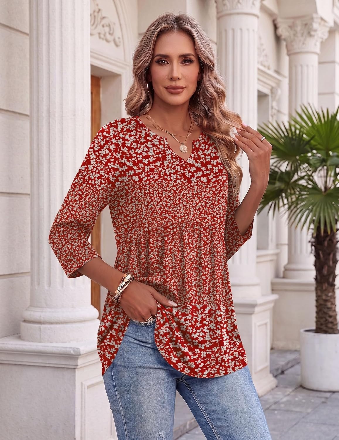 image:imageZeagoo 34 Length Sleeve Womens Tops 2026 Blouses for Women Dressy Casual Fashion Clothing V Neck TShirts Summer OutfitsXh518