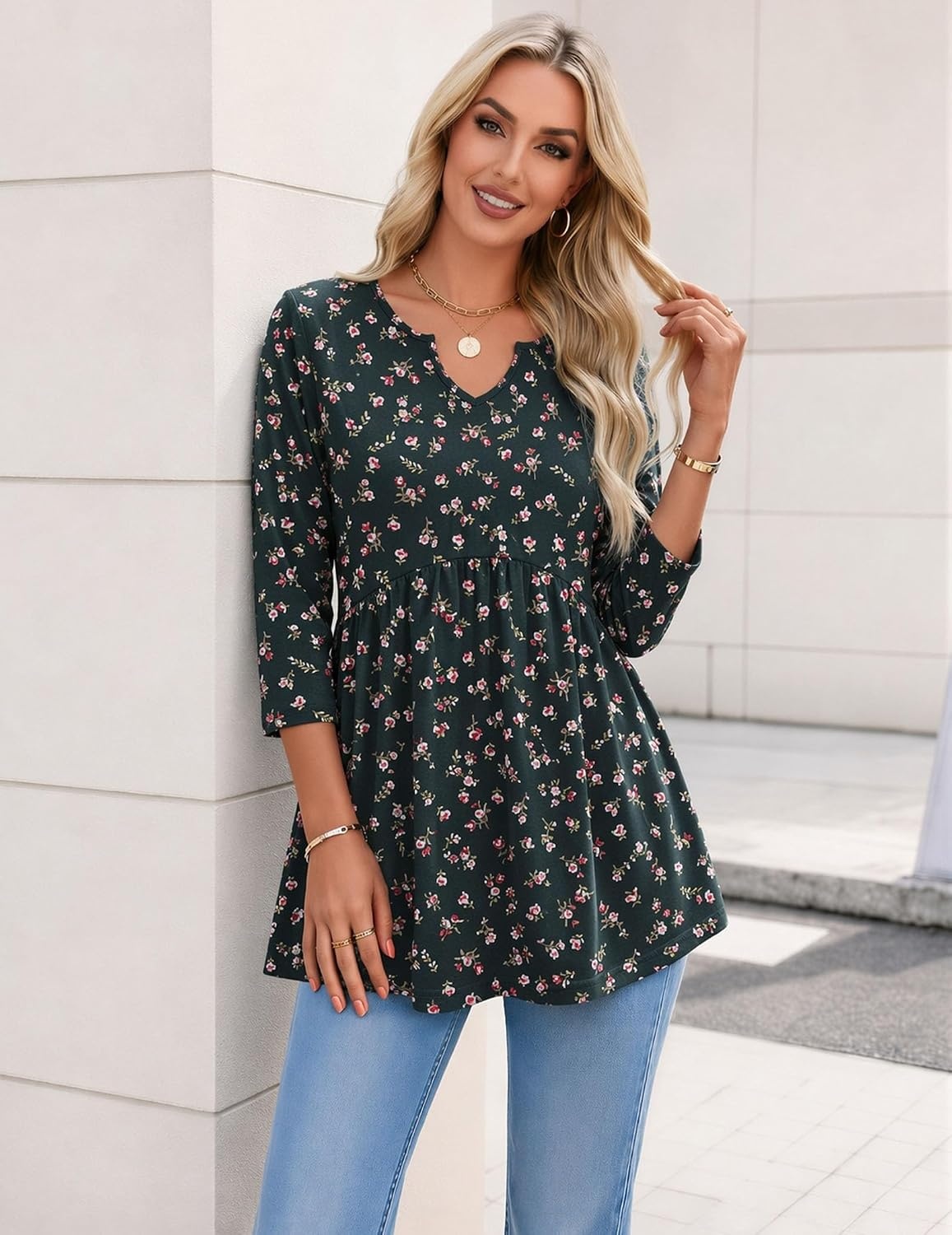 image:imageZeagoo 34 Length Sleeve Womens Tops 2026 Blouses for Women Dressy Casual Fashion Clothing V Neck TShirts Summer OutfitsXh522