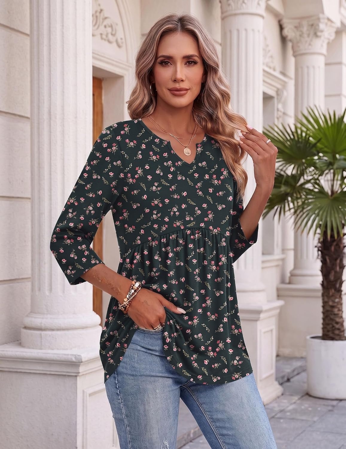 image:imageZeagoo 34 Length Sleeve Womens Tops 2026 Blouses for Women Dressy Casual Fashion Clothing V Neck TShirts Summer OutfitsXh522