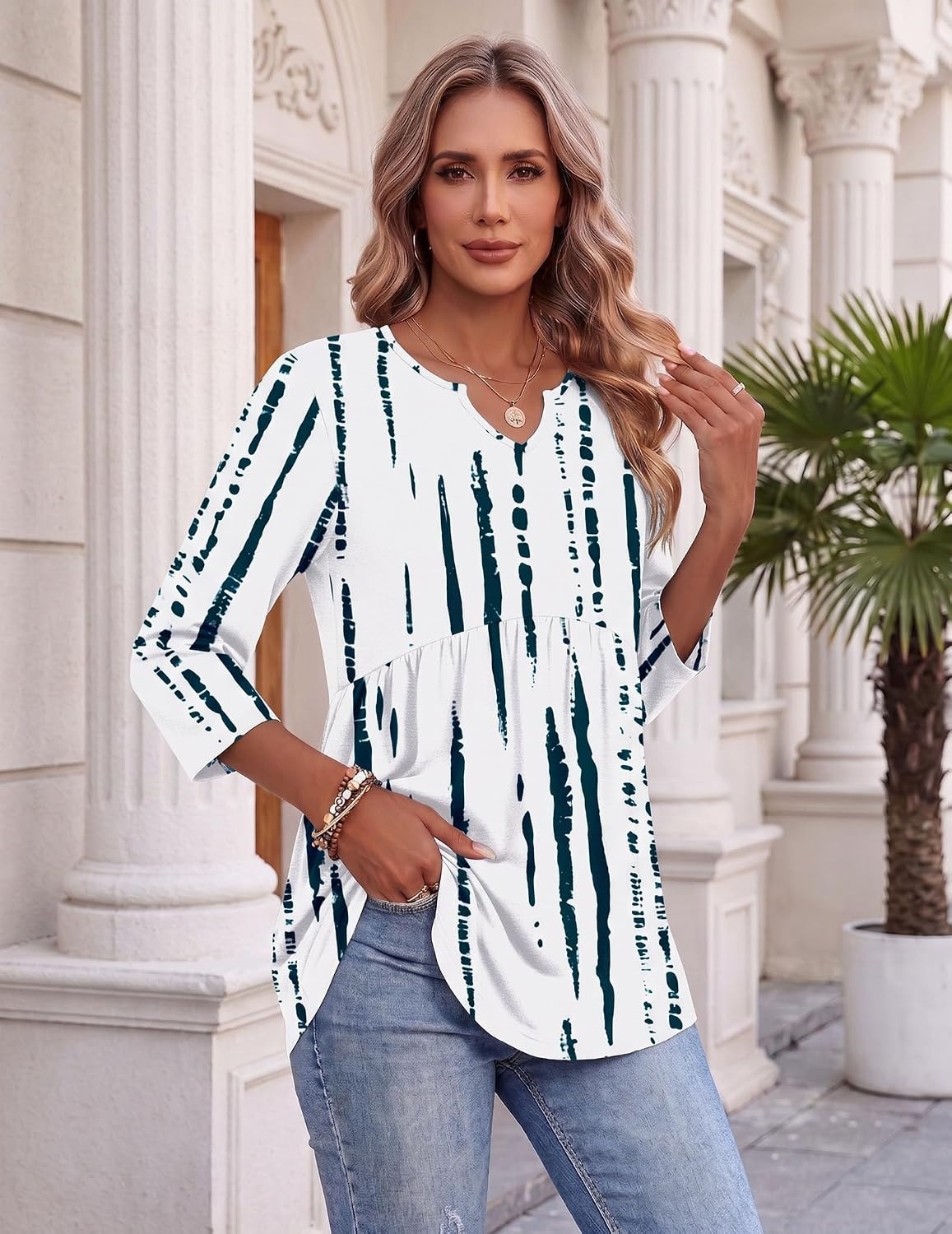 image:imageZeagoo 34 Length Sleeve Womens Tops 2026 Blouses for Women Dressy Casual Fashion Clothing V Neck TShirts Summer OutfitsZr229