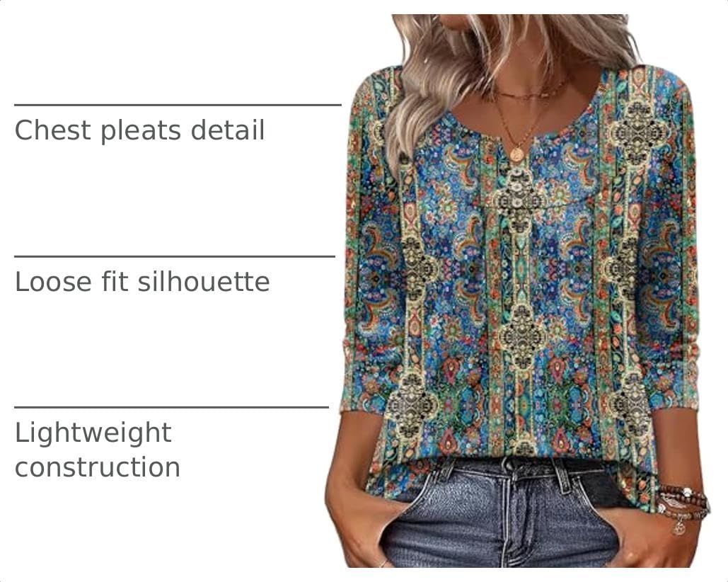 image:imageZeagoo 34 Length Sleeve Womens Tops Dressy Casual 2026 V Neck T Shirts Blouses Floral Summer Business Work Basic TeesBlue Boho Print