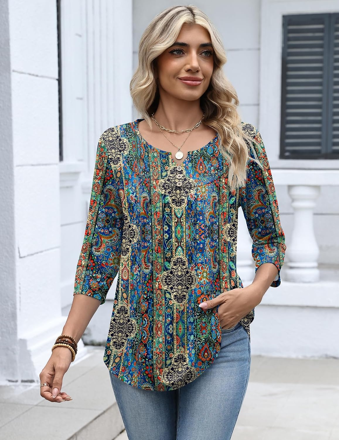 image:imageZeagoo 34 Length Sleeve Womens Tops Dressy Casual 2026 V Neck T Shirts Blouses Floral Summer Business Work Basic TeesBlue Boho Print