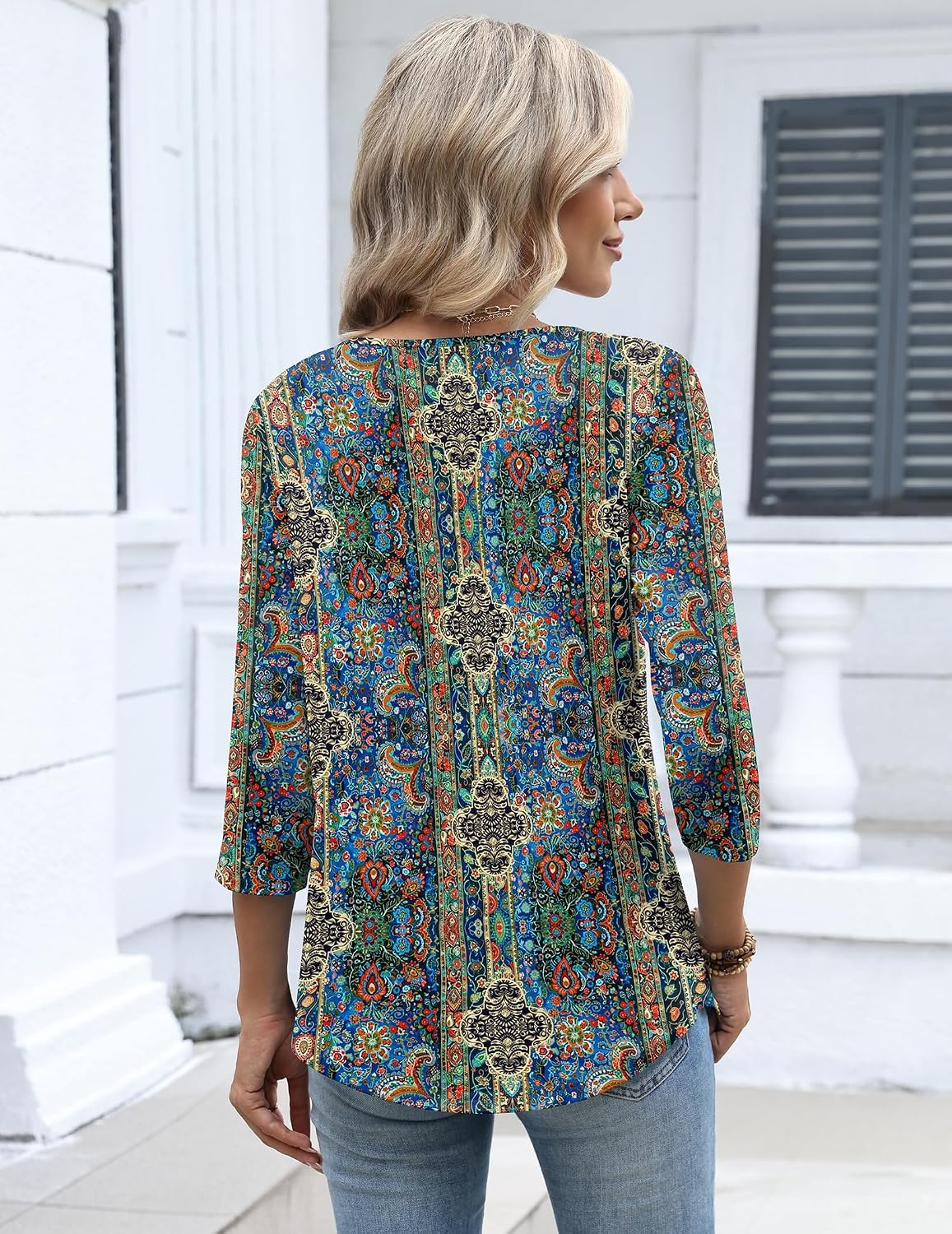 image:imageZeagoo 34 Length Sleeve Womens Tops Dressy Casual 2026 V Neck T Shirts Blouses Floral Summer Business Work Basic TeesBlue Boho Print