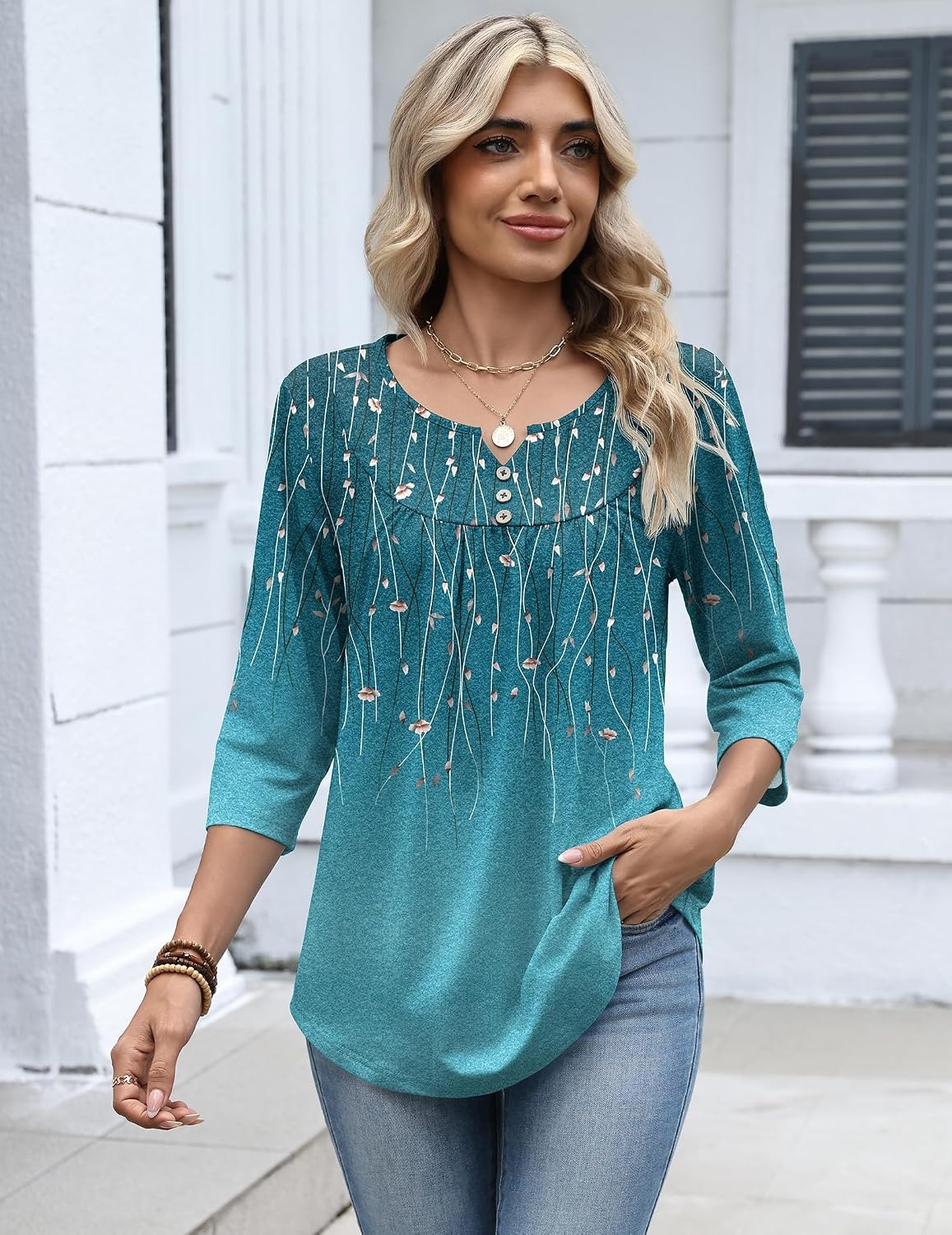image:imageZeagoo 34 Length Sleeve Womens Tops Dressy Casual 2026 V Neck T Shirts Blouses Floral Summer Business Work Basic TeesBlue Floral