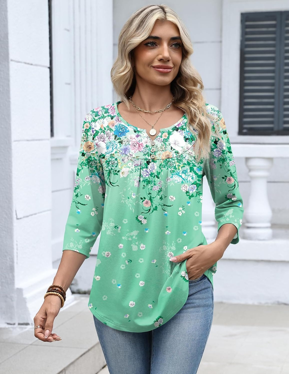 image:imageZeagoo 34 Length Sleeve Womens Tops Dressy Casual 2026 V Neck T Shirts Blouses Floral Summer Business Work Basic TeesGreen Print