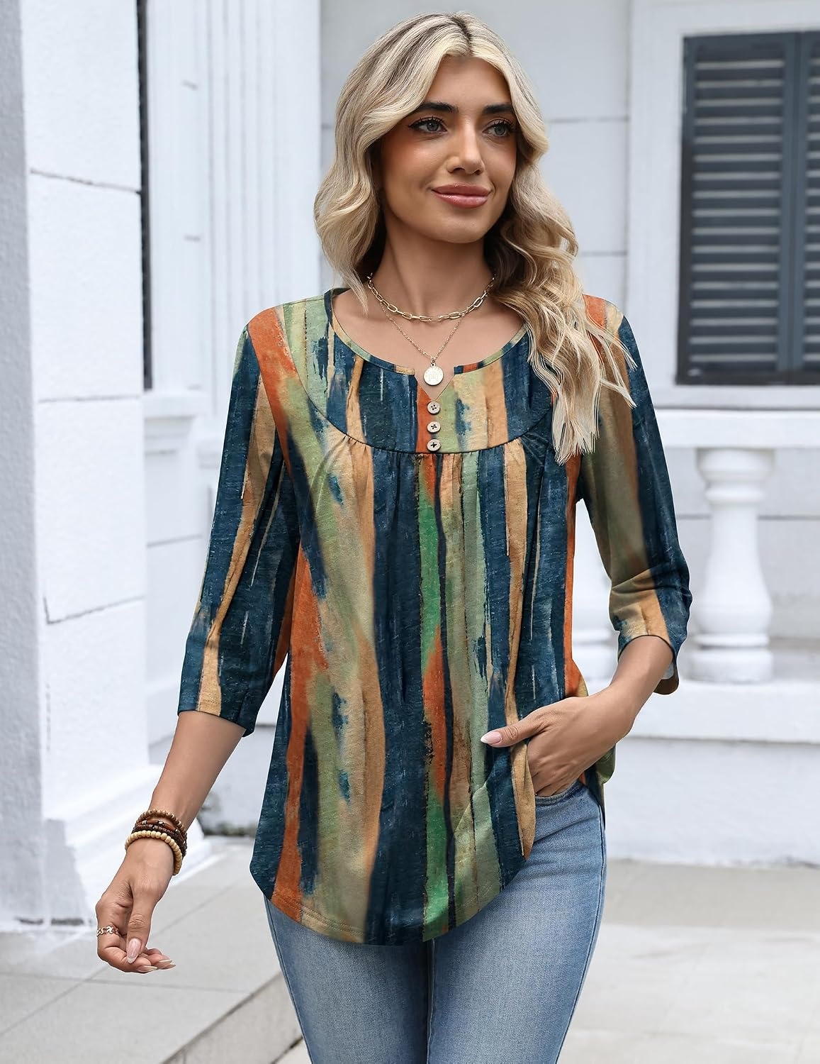 image:imageZeagoo 34 Length Sleeve Womens Tops Dressy Casual 2026 V Neck T Shirts Blouses Floral Summer Business Work Basic TeesMulticolor