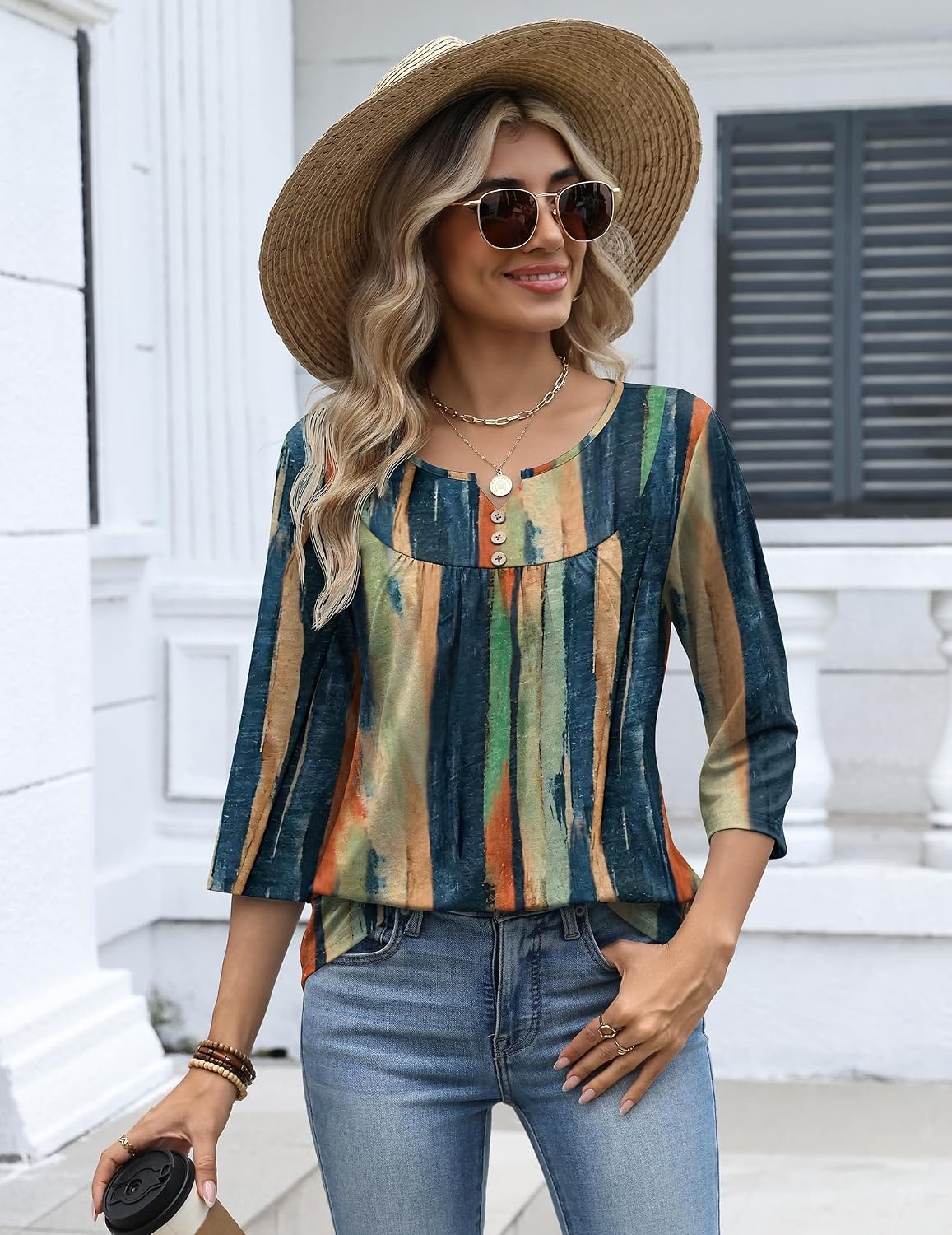 image:imageZeagoo 34 Length Sleeve Womens Tops Dressy Casual 2026 V Neck T Shirts Blouses Floral Summer Business Work Basic TeesMulticolor