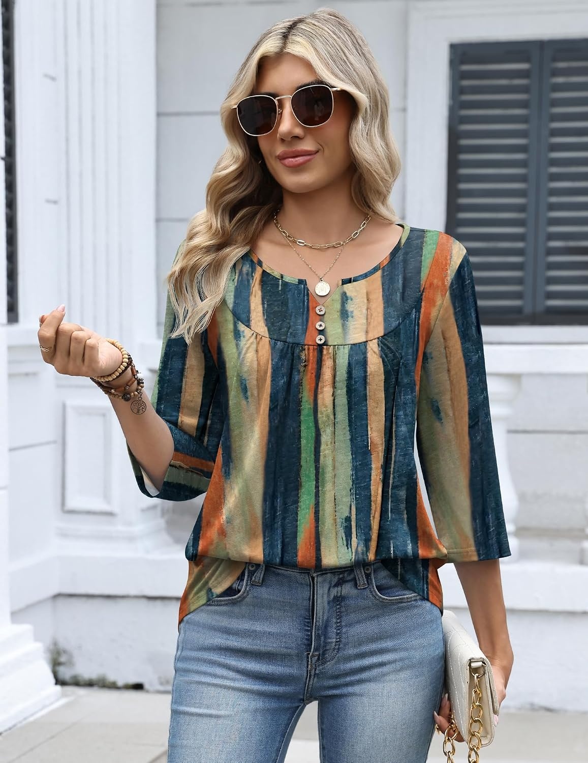 image:imageZeagoo 34 Length Sleeve Womens Tops Dressy Casual 2026 V Neck T Shirts Blouses Floral Summer Business Work Basic TeesMulticolor