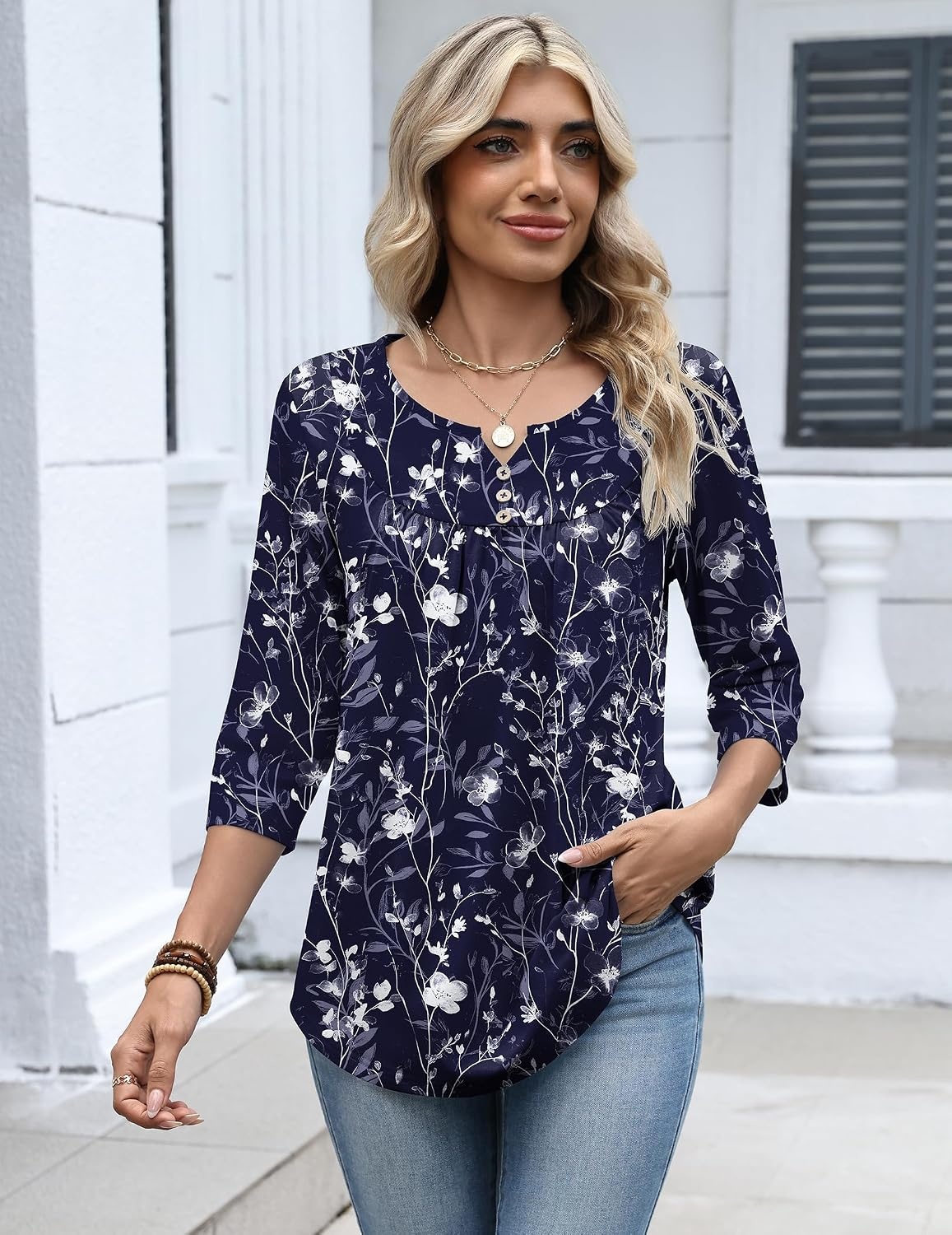 image:imageZeagoo 34 Length Sleeve Womens Tops Dressy Casual 2026 V Neck T Shirts Blouses Floral Summer Business Work Basic TeesNavy Blue Flower