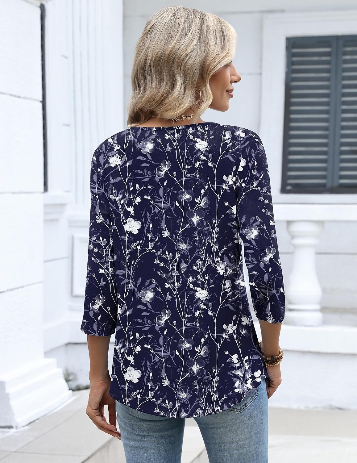 image:imageZeagoo 34 Length Sleeve Womens Tops Dressy Casual 2026 V Neck T Shirts Blouses Floral Summer Business Work Basic TeesNavy Blue Flower