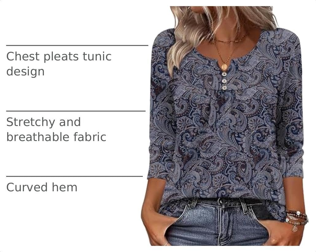 image:imageZeagoo 34 Length Sleeve Womens Tops Dressy Casual 2026 V Neck T Shirts Blouses Floral Summer Business Work Basic TeesNavy Blue Print