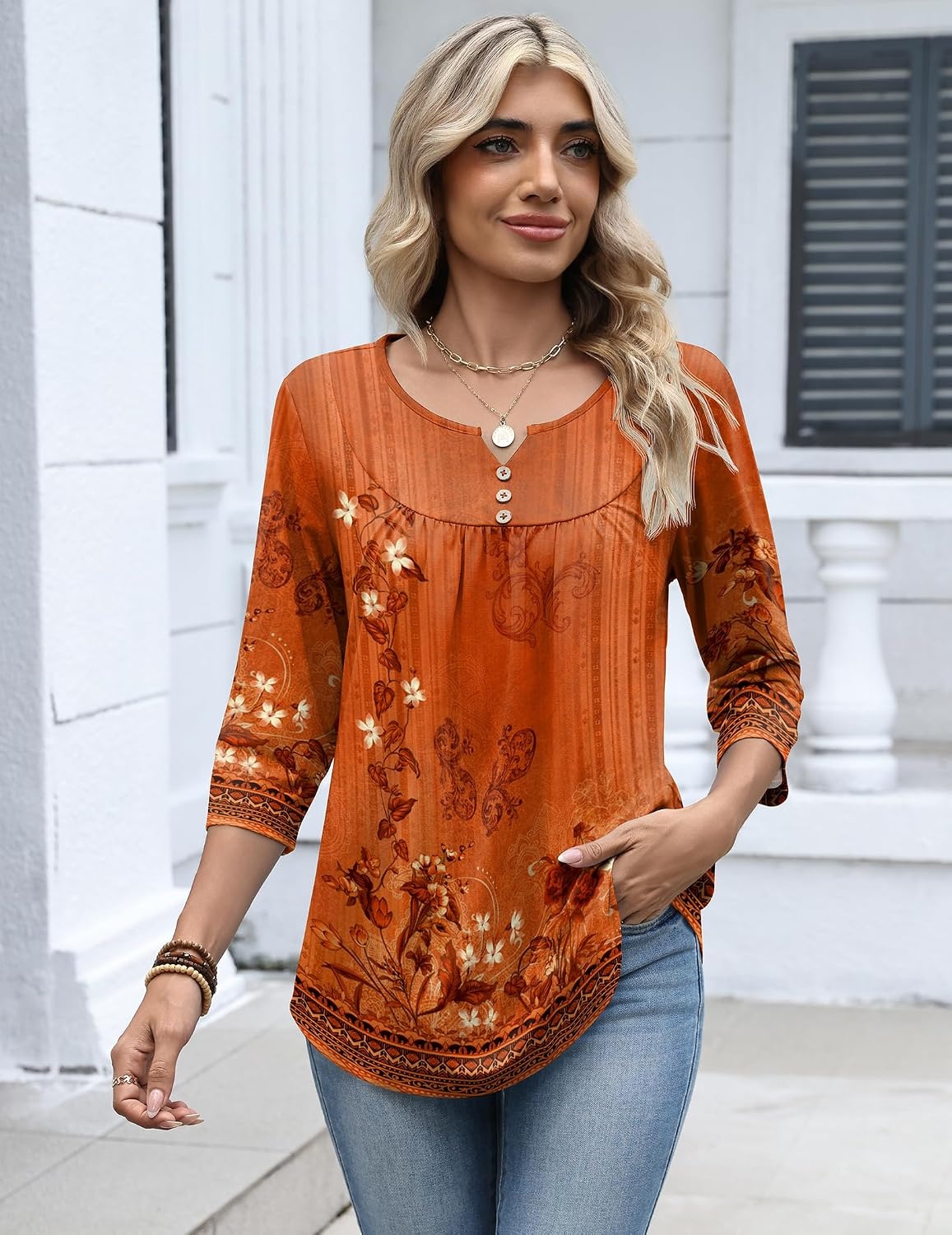 image:imageZeagoo 34 Length Sleeve Womens Tops Dressy Casual 2026 V Neck T Shirts Blouses Floral Summer Business Work Basic TeesOrange Ethnic Print