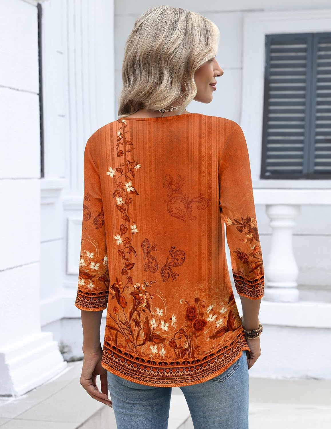 image:imageZeagoo 34 Length Sleeve Womens Tops Dressy Casual 2026 V Neck T Shirts Blouses Floral Summer Business Work Basic TeesOrange Ethnic Print