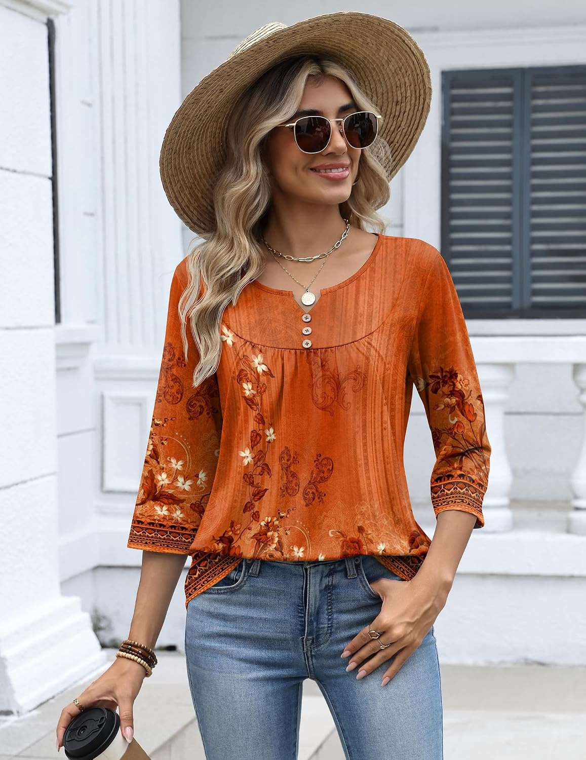 image:imageZeagoo 34 Length Sleeve Womens Tops Dressy Casual 2026 V Neck T Shirts Blouses Floral Summer Business Work Basic TeesOrange Ethnic Print