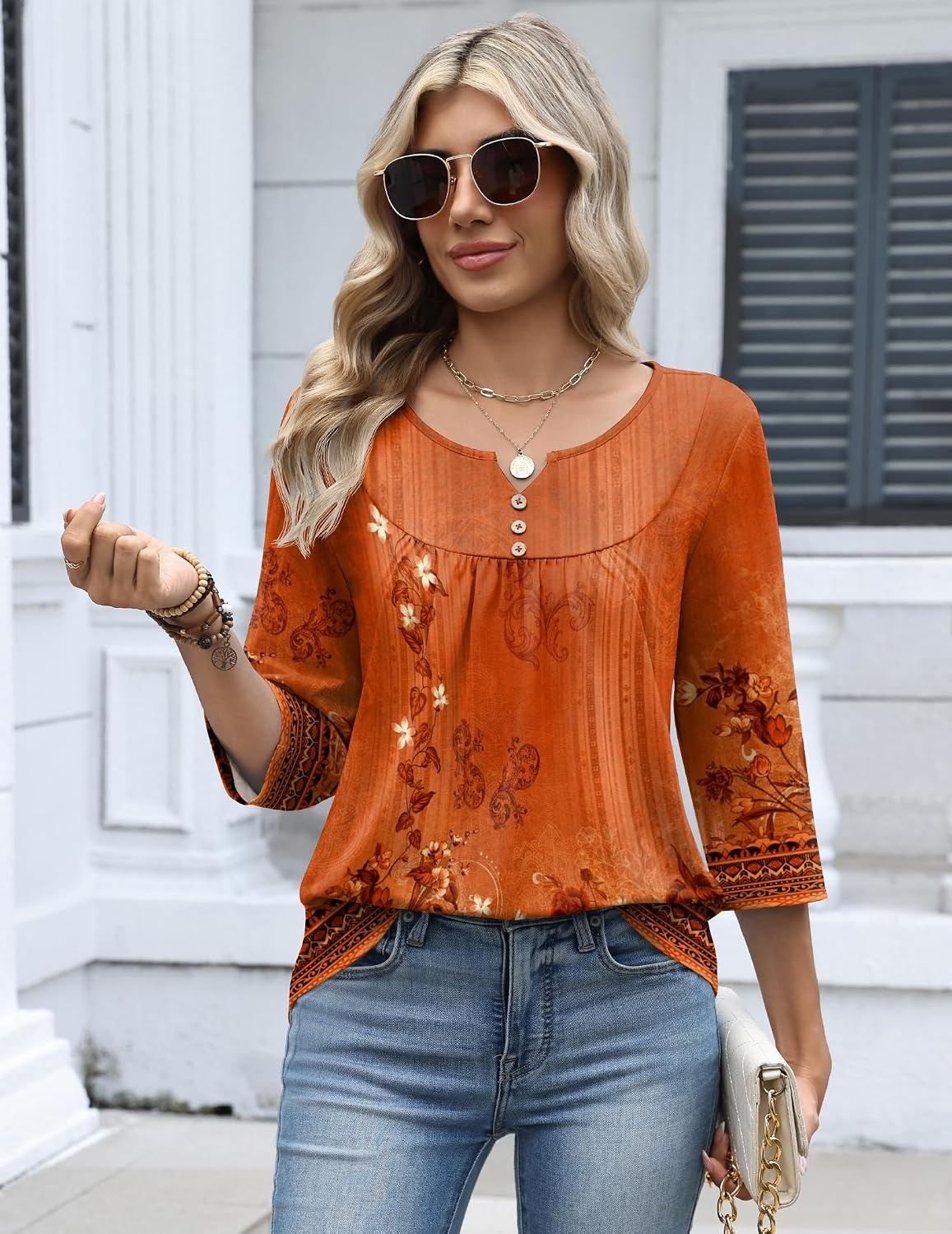 image:imageZeagoo 34 Length Sleeve Womens Tops Dressy Casual 2026 V Neck T Shirts Blouses Floral Summer Business Work Basic TeesOrange Ethnic Print