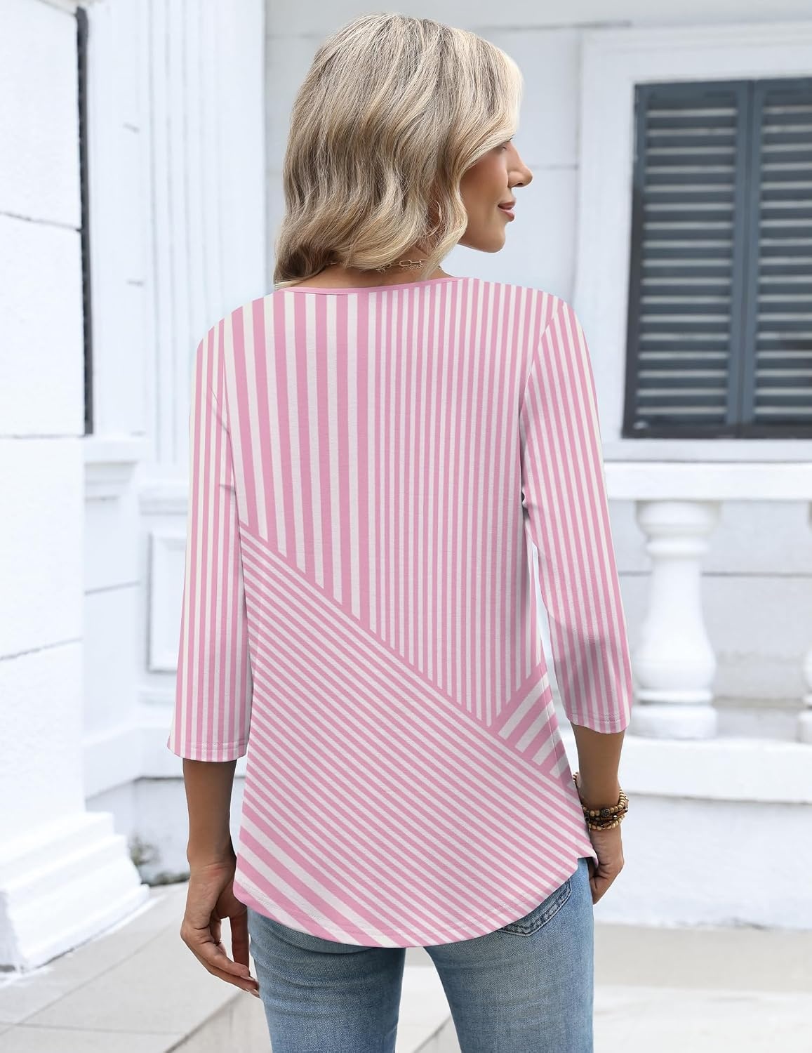 image:imageZeagoo 34 Length Sleeve Womens Tops Dressy Casual 2026 V Neck T Shirts Blouses Floral Summer Business Work Basic TeesPink Stripes
