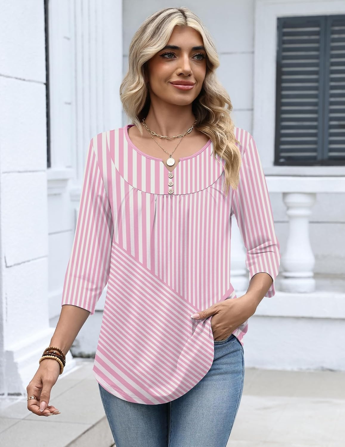image:imageZeagoo 34 Length Sleeve Womens Tops Dressy Casual 2026 V Neck T Shirts Blouses Floral Summer Business Work Basic TeesPink Stripes