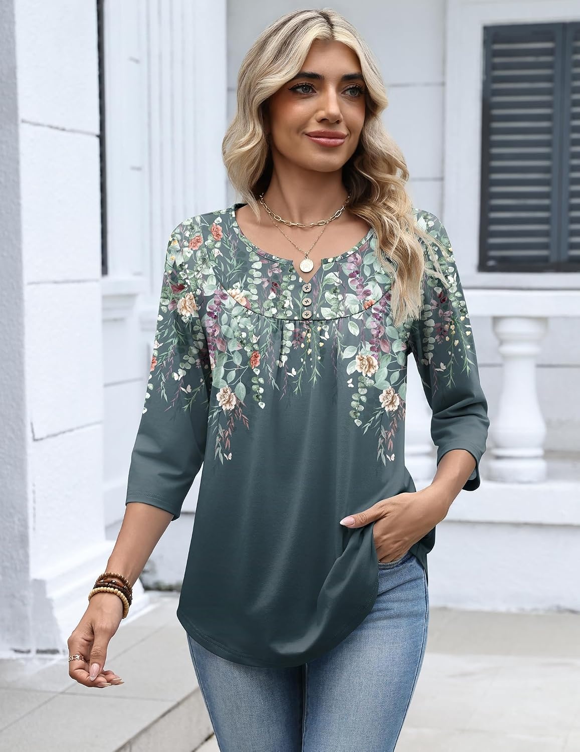 image:imageZeagoo 34 Length Sleeve Womens Tops Dressy Casual 2026 V Neck T Shirts Blouses Floral Summer Business Work Basic TeesPlants Flowers