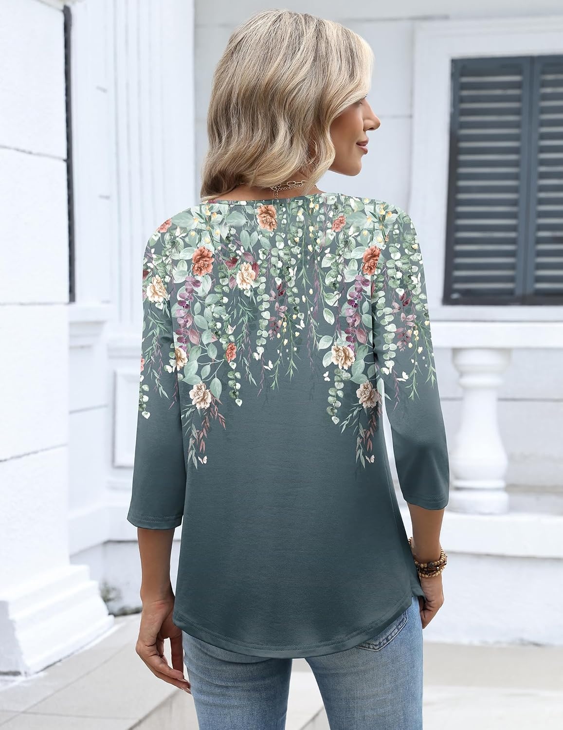 image:imageZeagoo 34 Length Sleeve Womens Tops Dressy Casual 2026 V Neck T Shirts Blouses Floral Summer Business Work Basic TeesPlants Flowers