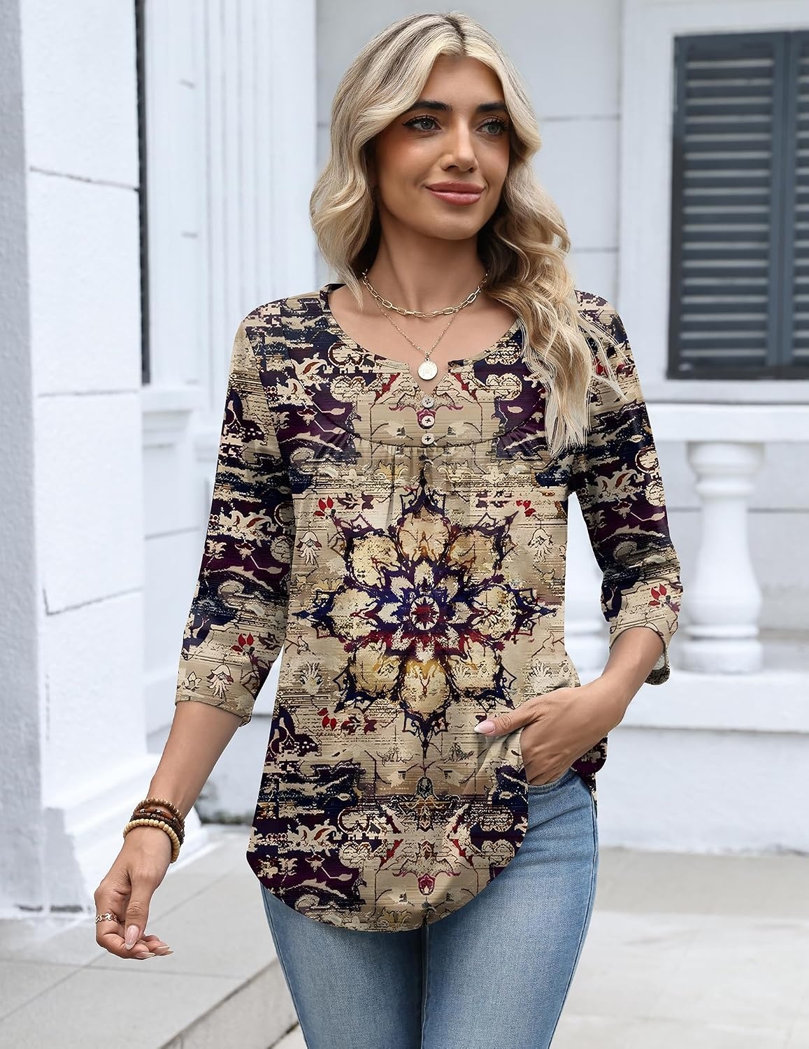 image:imageZeagoo 34 Length Sleeve Womens Tops Dressy Casual 2026 V Neck T Shirts Blouses Floral Summer Business Work Basic TeesPurplebeige