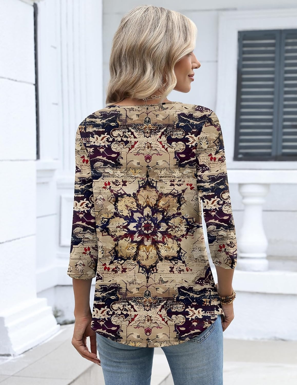 image:imageZeagoo 34 Length Sleeve Womens Tops Dressy Casual 2026 V Neck T Shirts Blouses Floral Summer Business Work Basic TeesPurplebeige